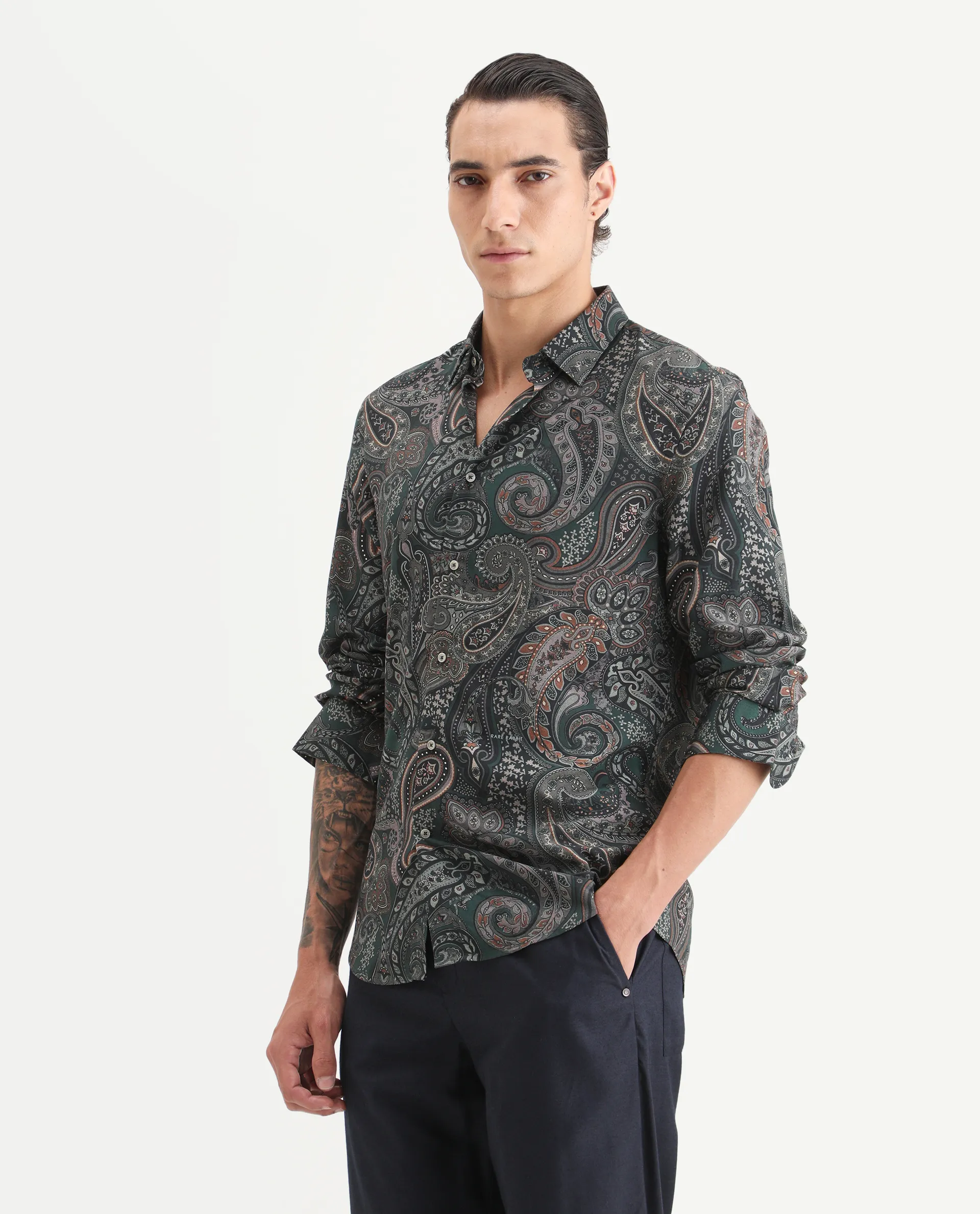 Rare Rabbit Men's Grent Green Viscose Fabric Collared Neck Regular Fit Paisley Print Shirt - Image 5