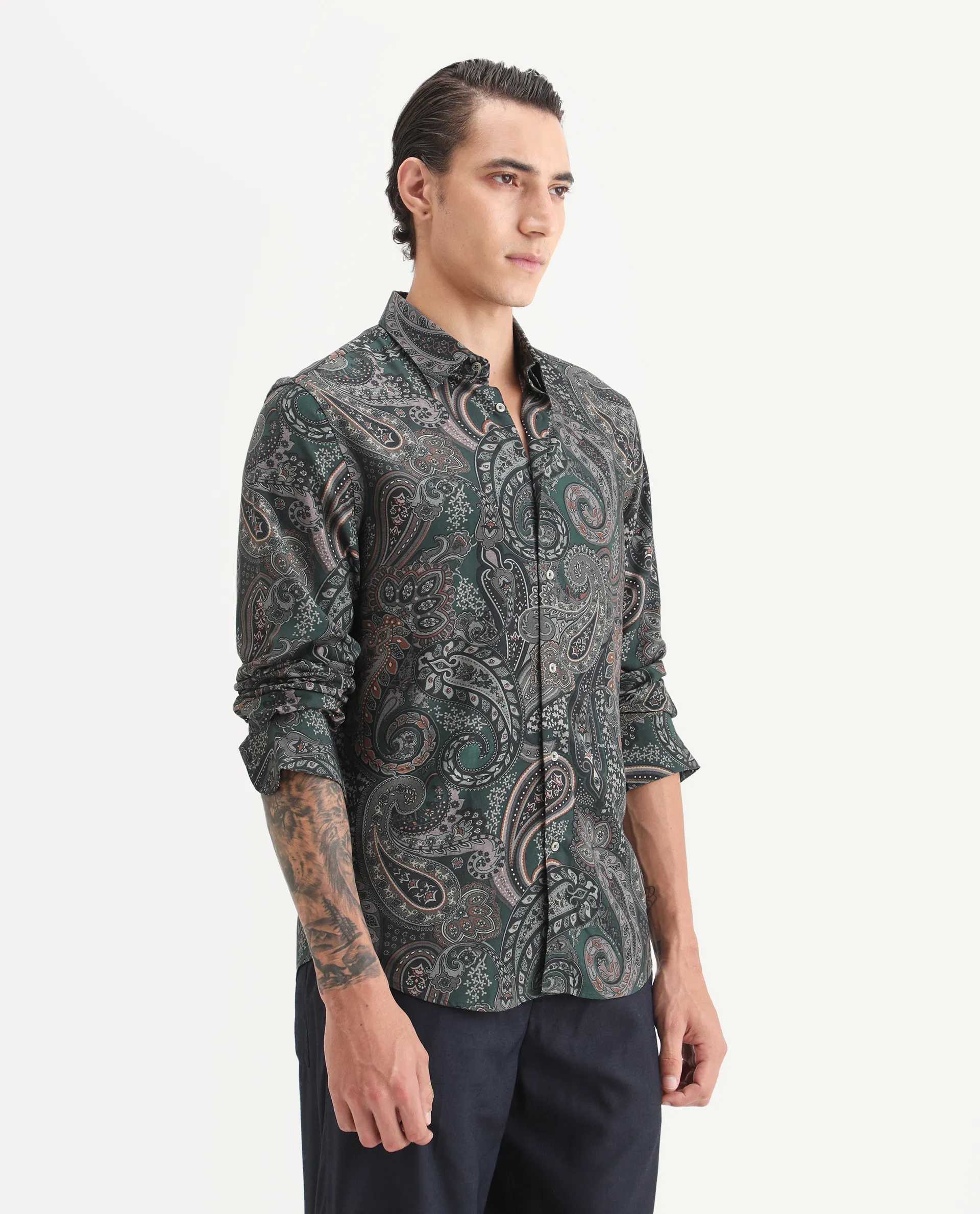 Rare Rabbit Men's Grent Green Viscose Fabric Collared Neck Regular Fit Paisley Print Shirt - Image 6