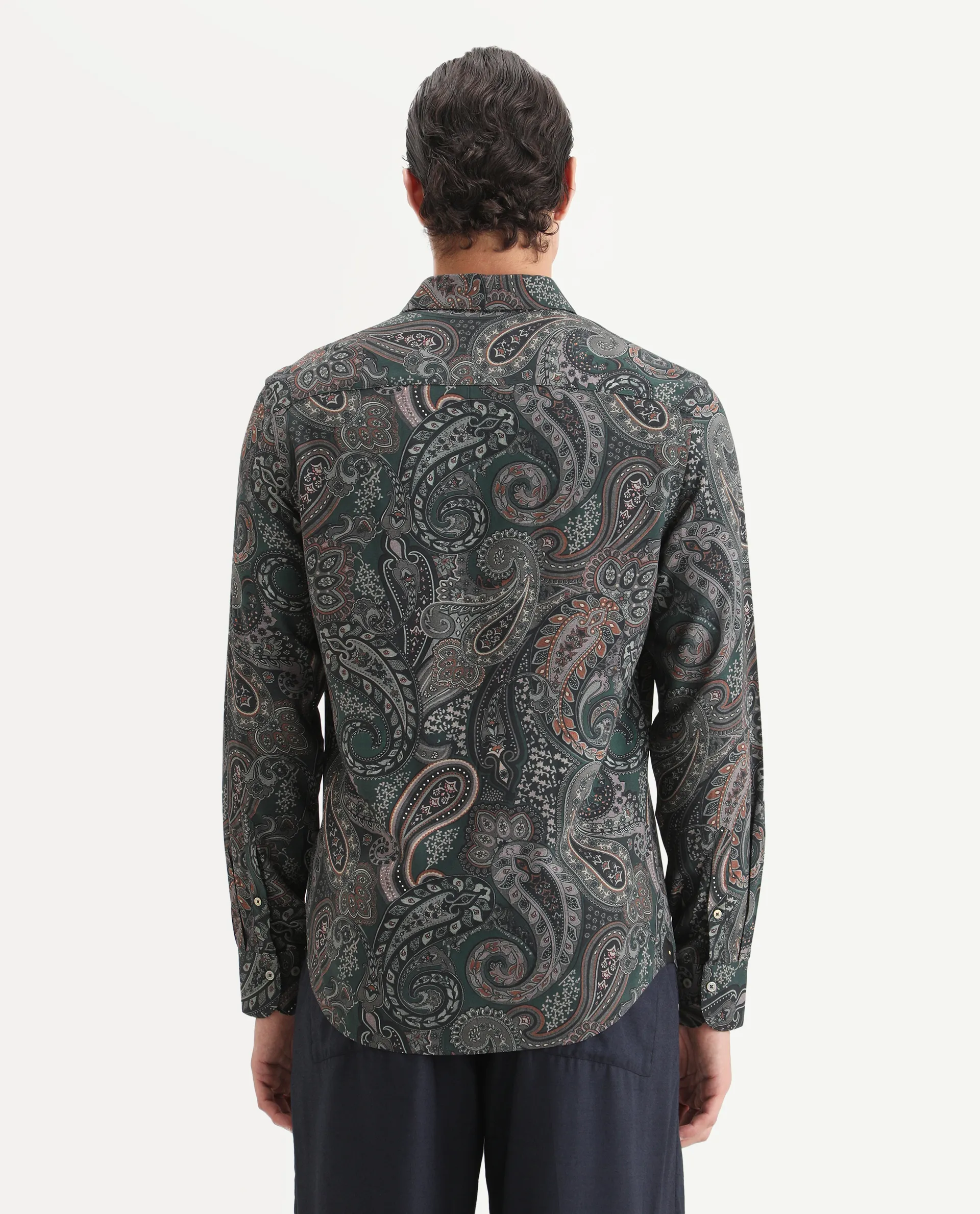 Rare Rabbit Men's Grent Green Viscose Fabric Collared Neck Regular Fit Paisley Print Shirt - Image 7