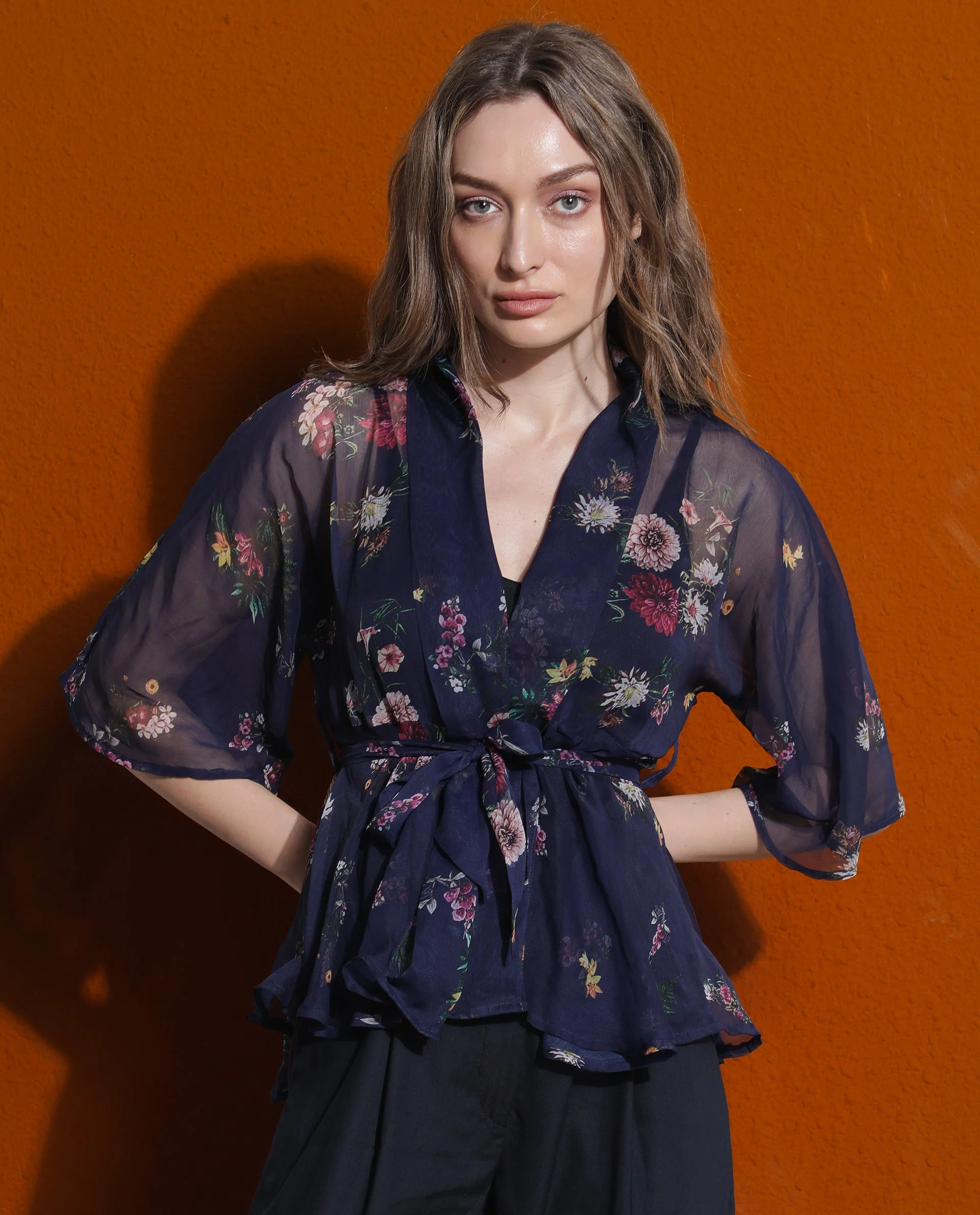 Rareism Women's Greta Blue Polyester Overlap Neck Floral Print Bell Sleeve Regular Fit Shrug - Image 4