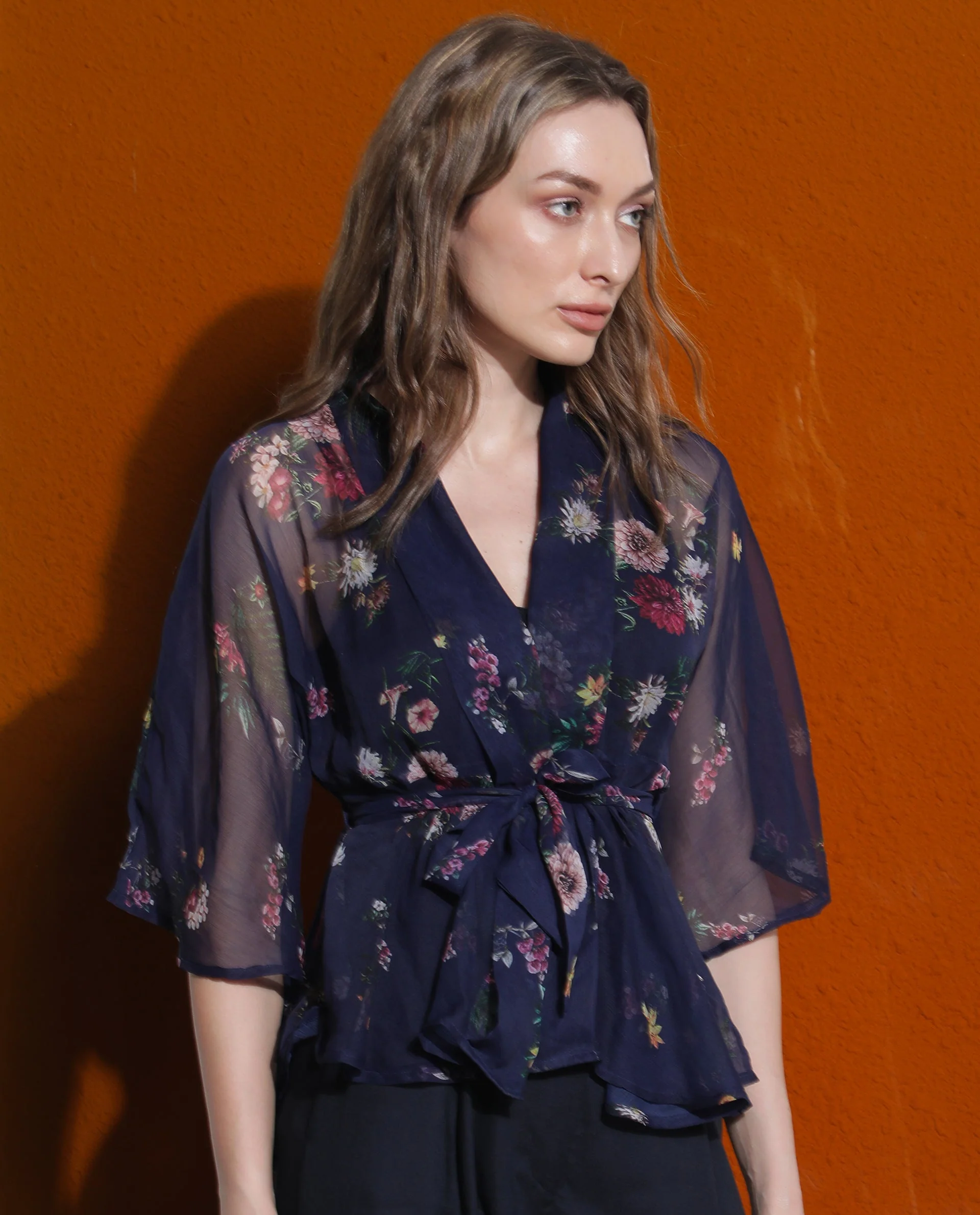Rareism Women's Greta Blue Polyester Overlap Neck Floral Print Bell Sleeve Regular Fit Shrug - Image 6