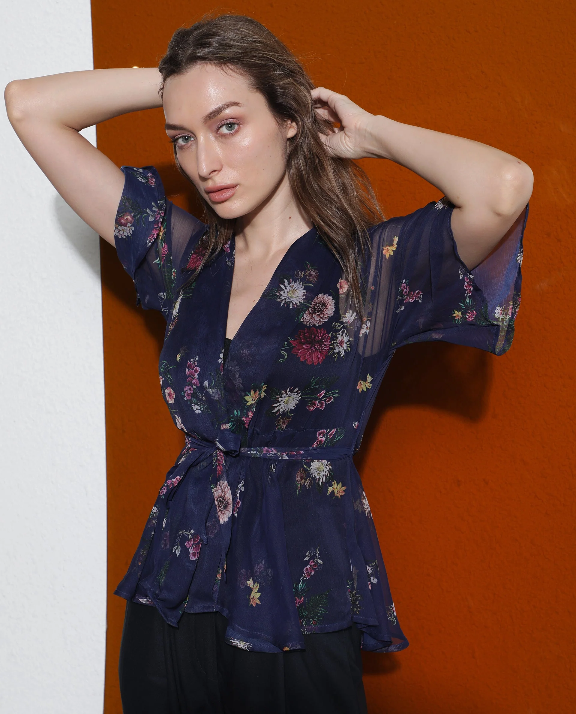 Rareism Women's Greta Blue Polyester Overlap Neck Floral Print Bell Sleeve Regular Fit Shrug - Image 7