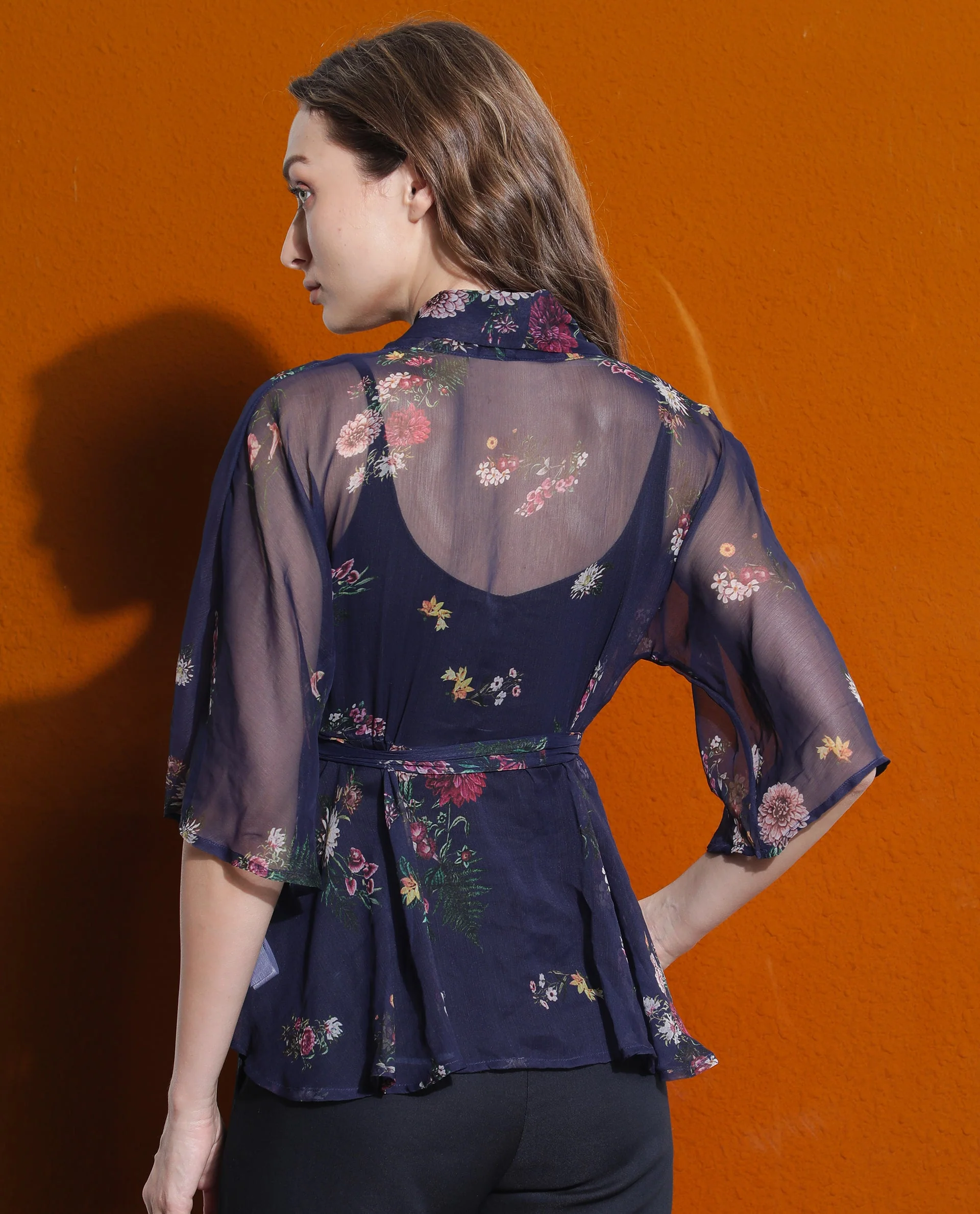 Rareism Women's Greta Blue Polyester Overlap Neck Floral Print Bell Sleeve Regular Fit Shrug - Image 8