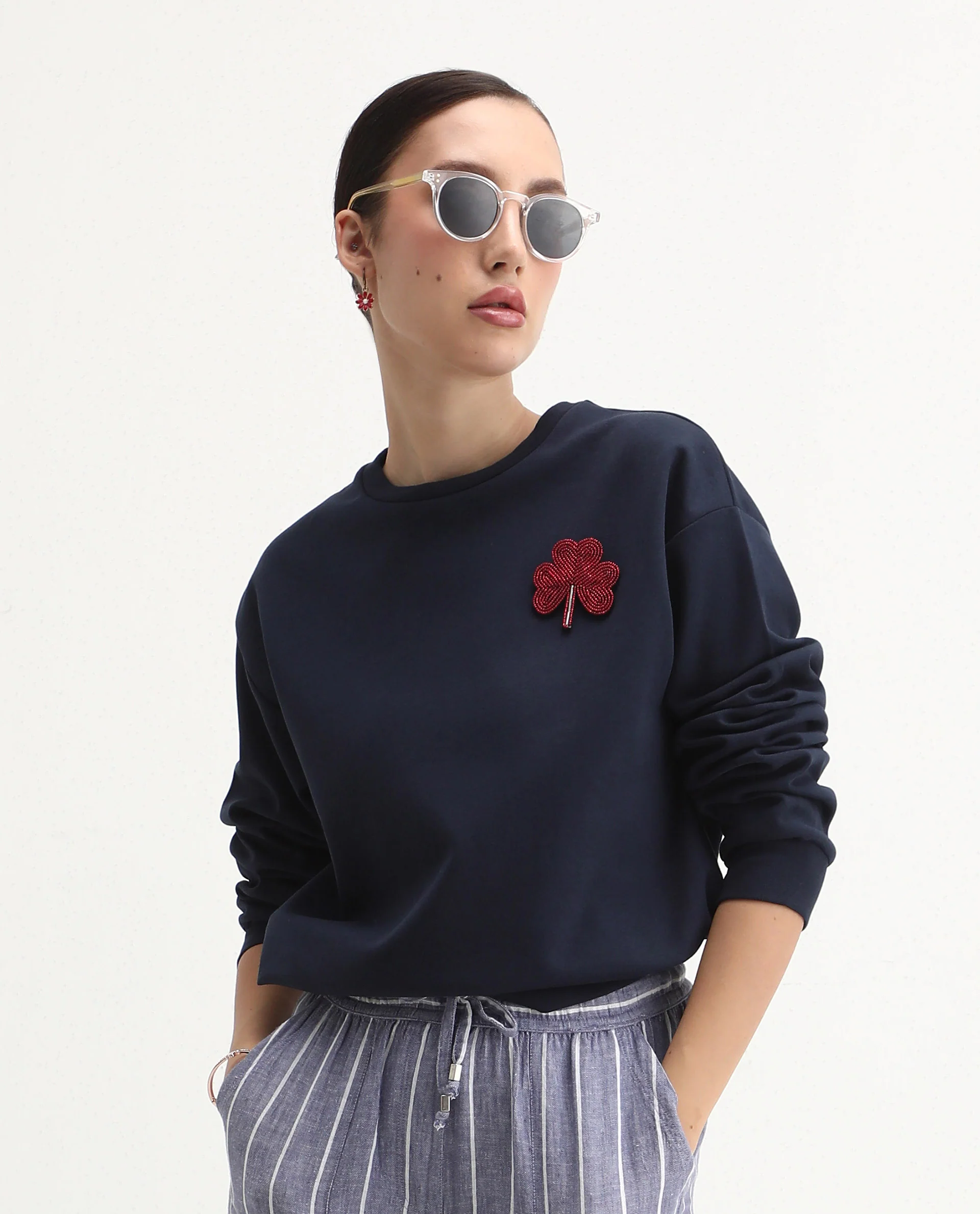 Rareism Women's Greta Navy Cotton Blend Crew Neck Regular Fit Printed Sweatshirt