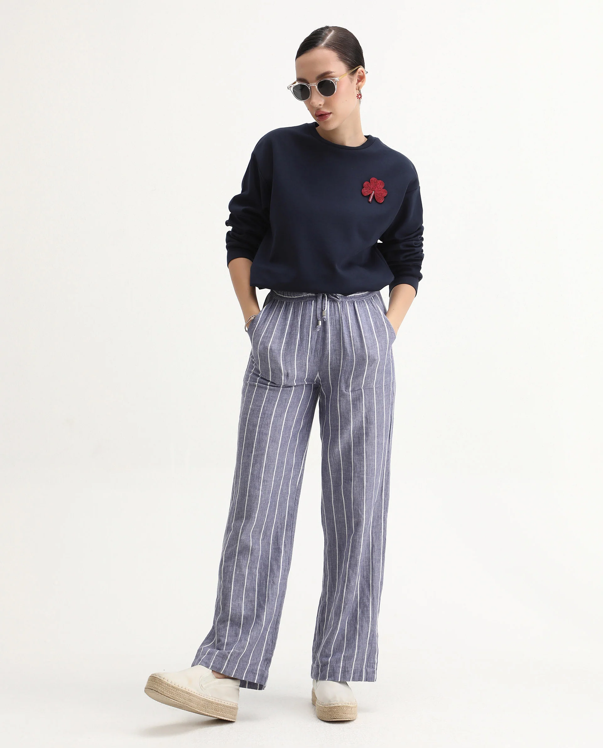 Rareism Women's Greta Navy Cotton Blend Crew Neck Regular Fit Printed Sweatshirt - Image 2