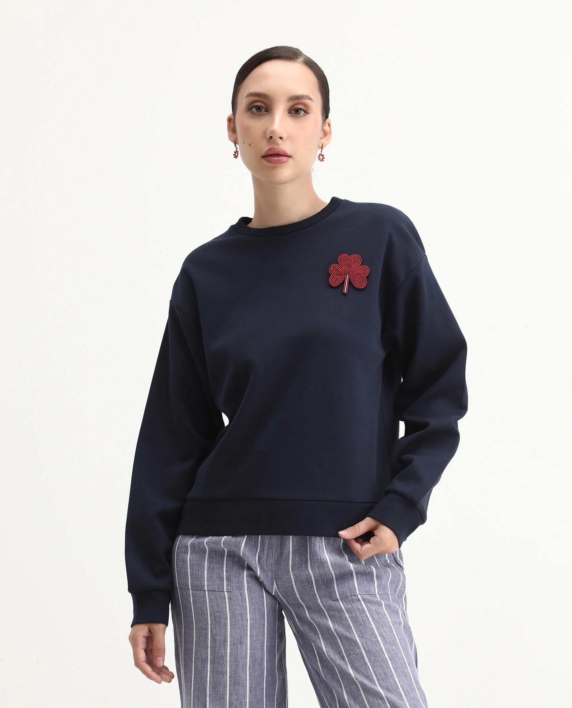 Rareism Women's Greta Navy Cotton Blend Crew Neck Regular Fit Printed Sweatshirt - Image 3
