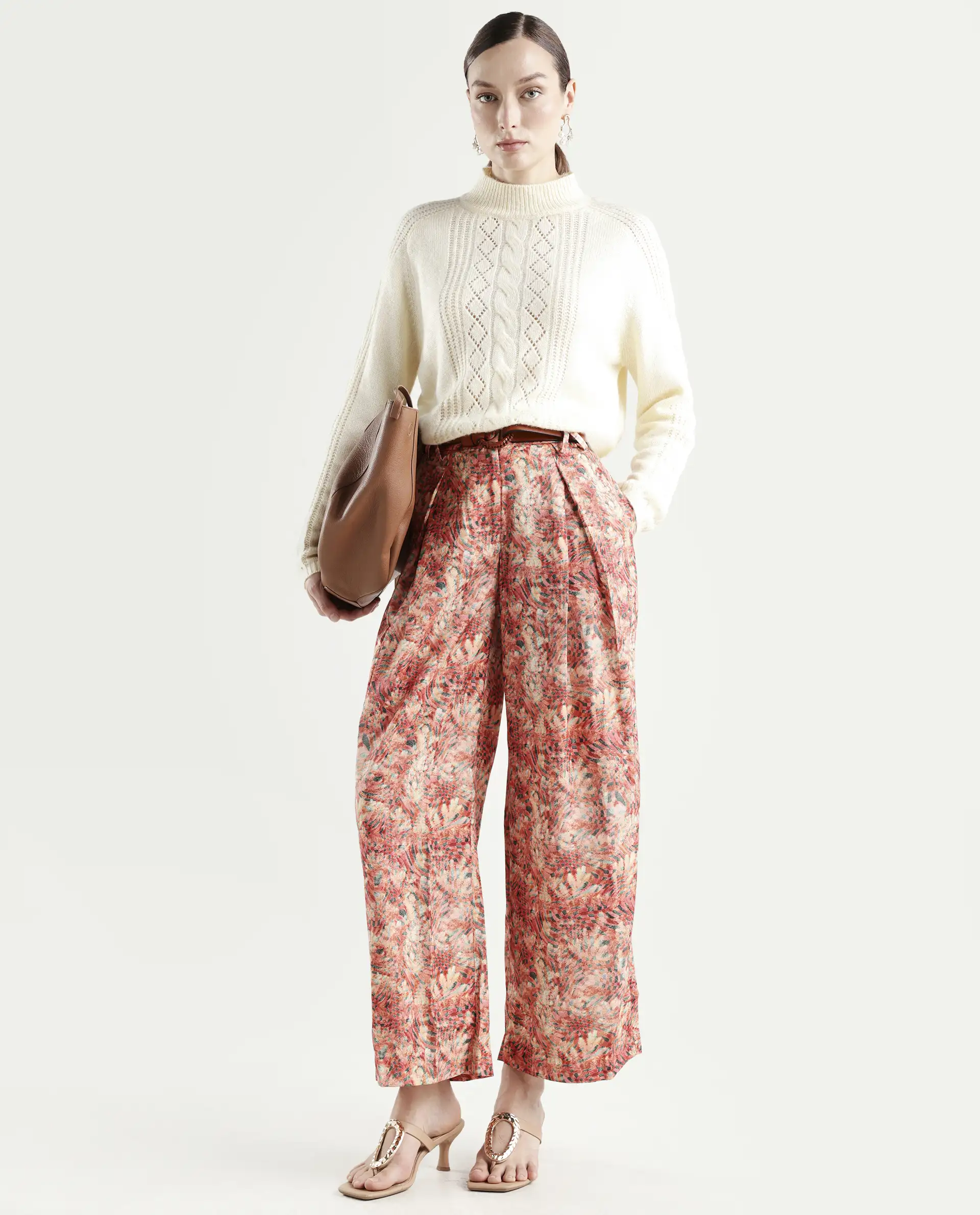 Rareism Women's Gretay Multi Polyester Blend Geometric Print Ankle Length Wide Trouser