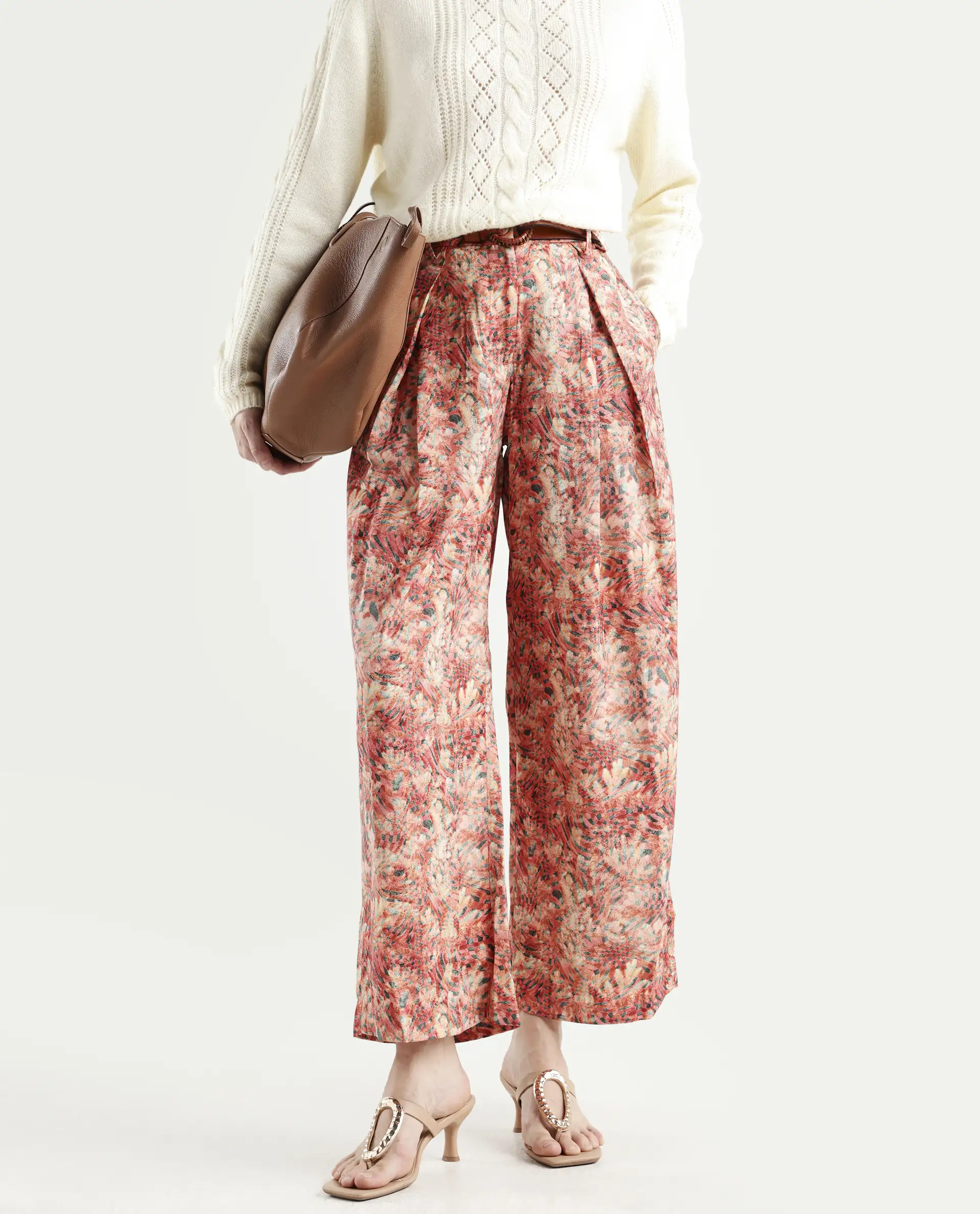 Rareism Women's Gretay Multi Polyester Blend Geometric Print Ankle Length Wide Trouser - Image 2