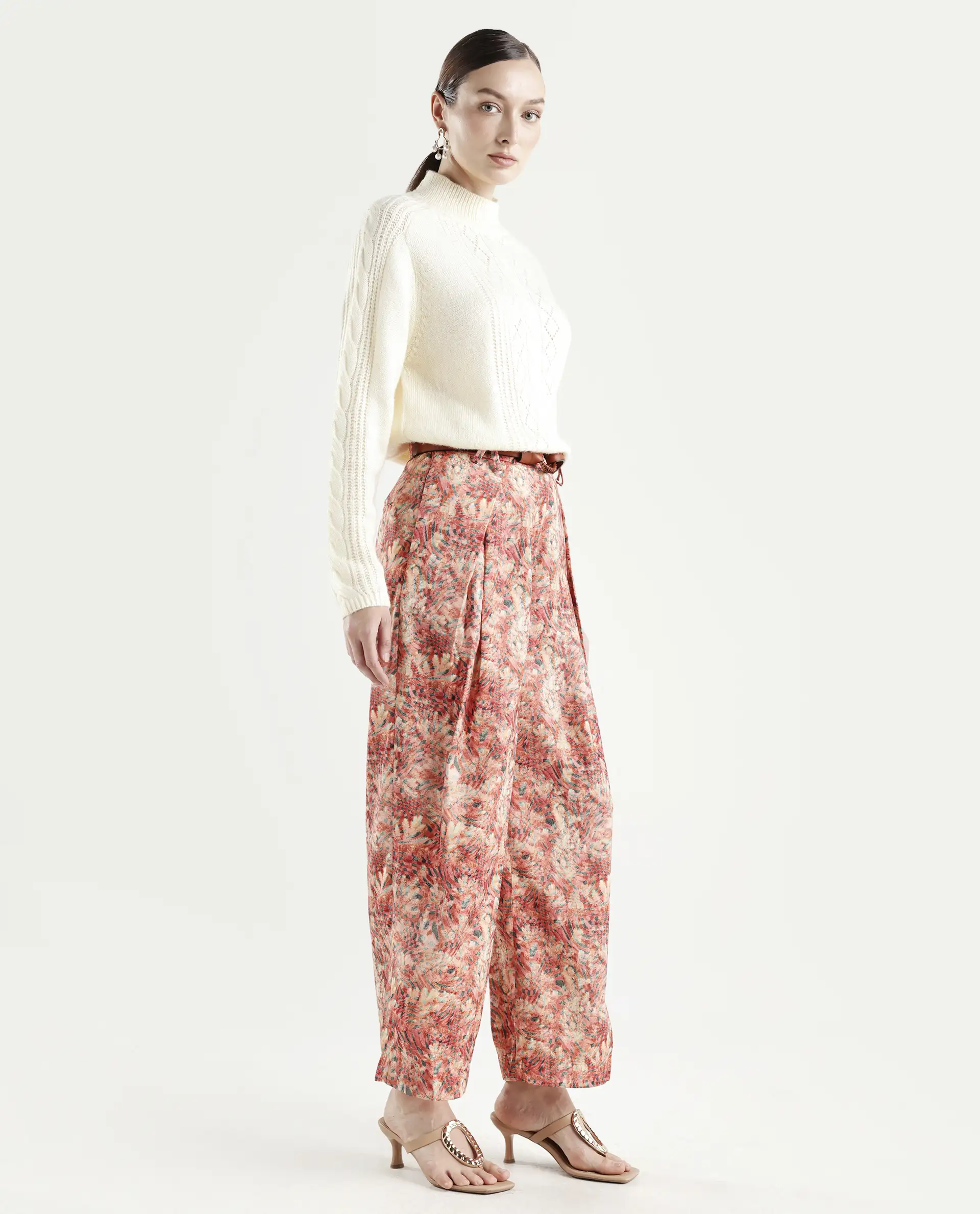 Rareism Women's Gretay Multi Polyester Blend Geometric Print Ankle Length Wide Trouser - Image 6