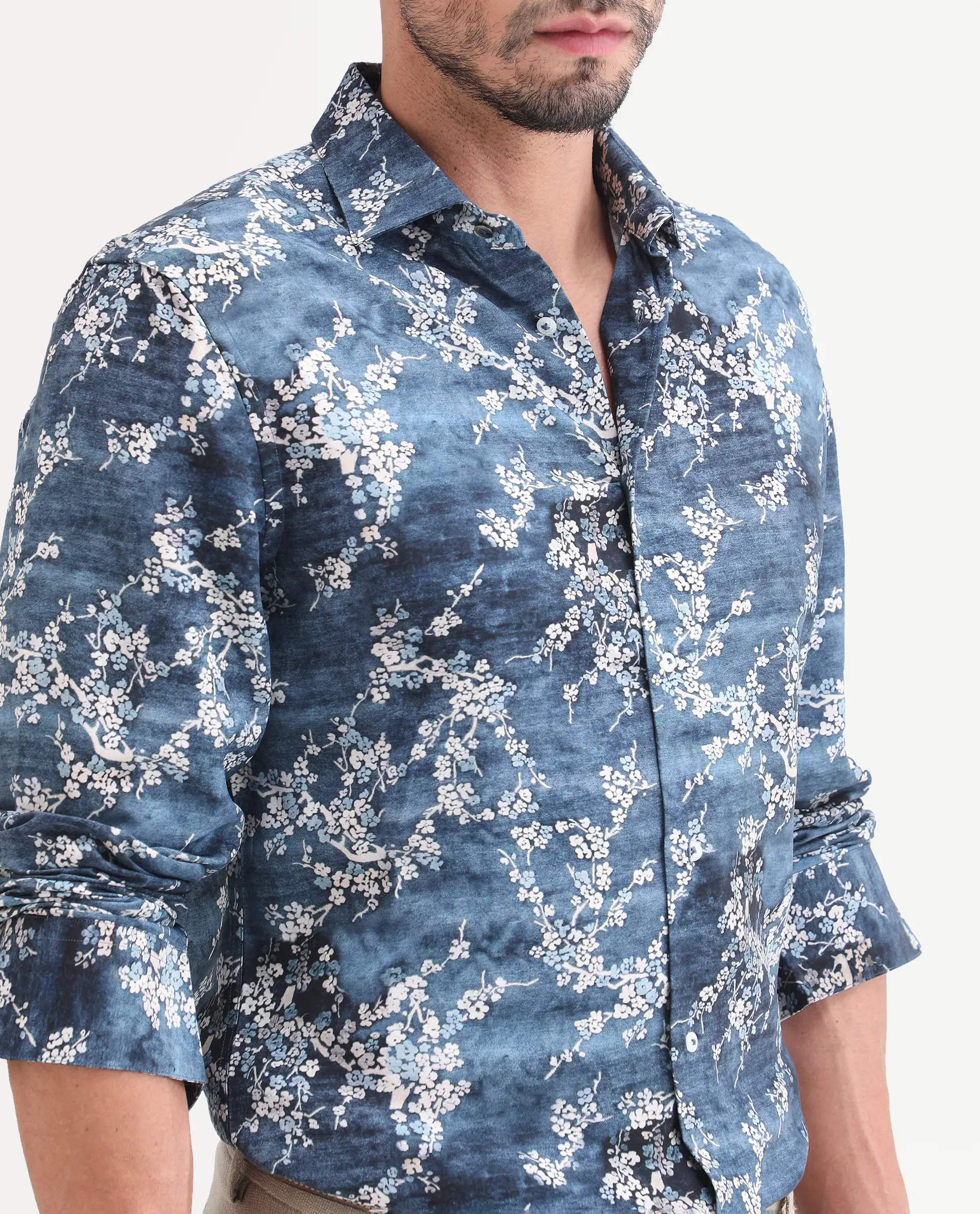 Rare Rabbit Men's Greyt Blue Viscose Fabric Full Sleeve Regular Fit Floral Print Shirt - Image 3