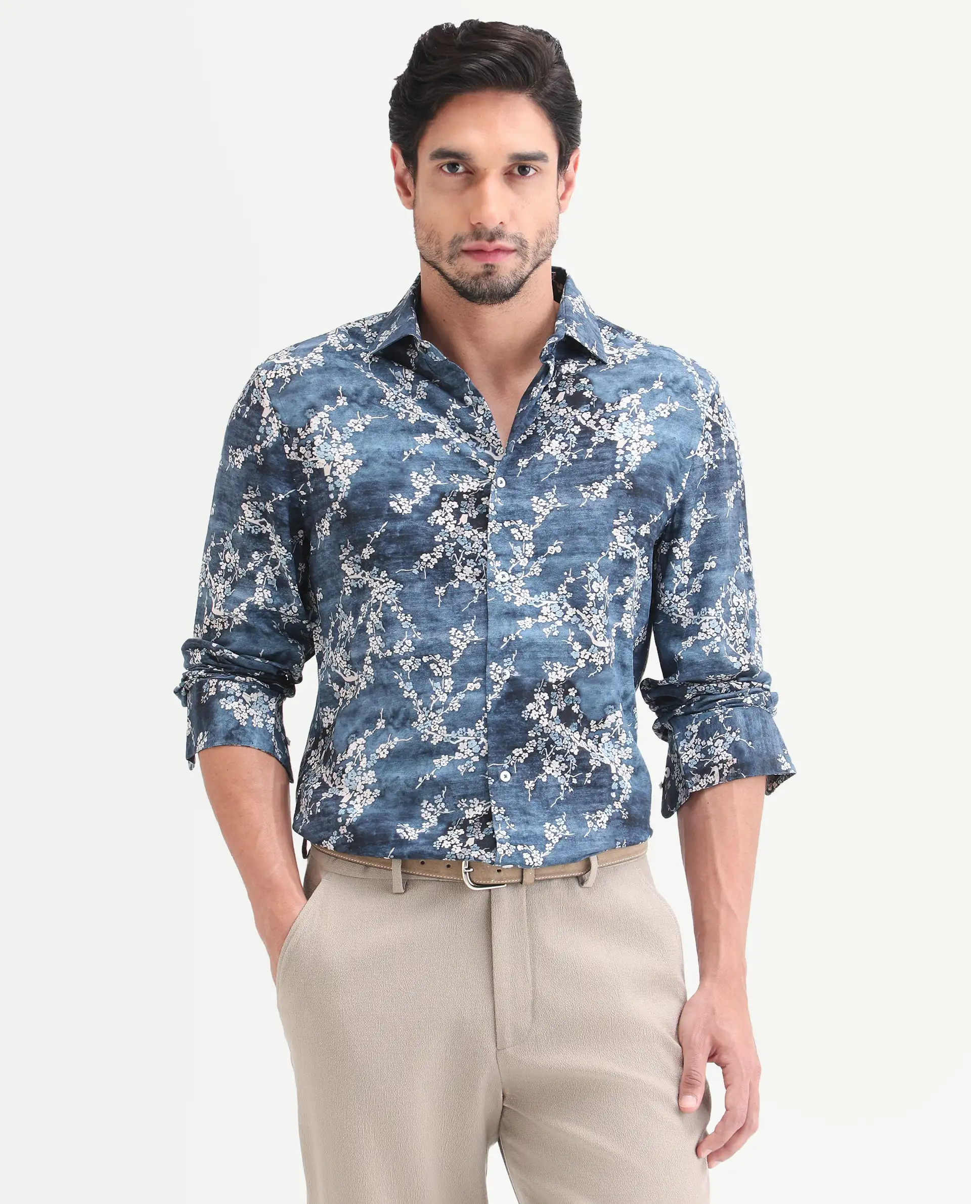 Rare Rabbit Men's Greyt Blue Viscose Fabric Full Sleeve Regular Fit Floral Print Shirt - Image 4