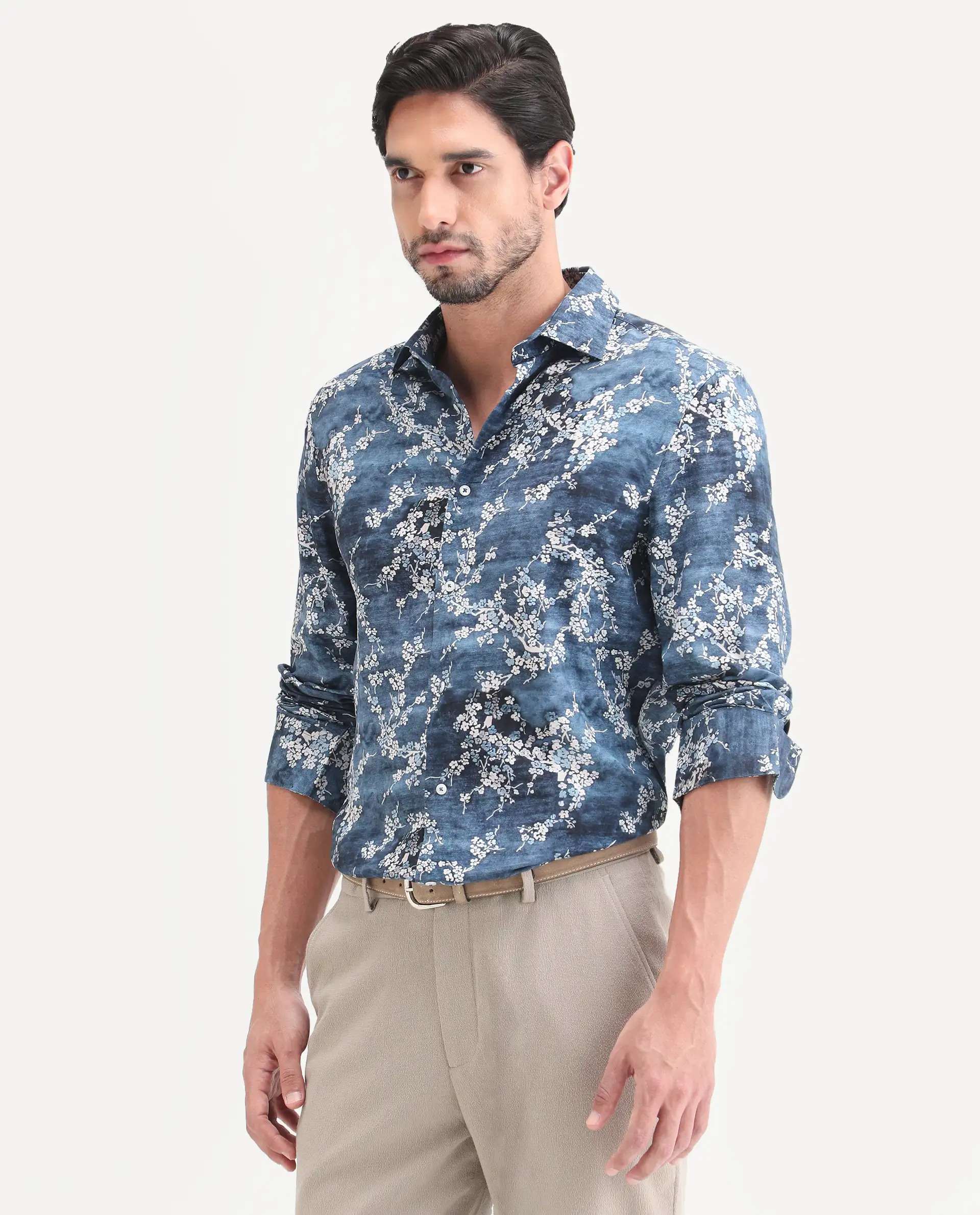 Rare Rabbit Men's Greyt Blue Viscose Fabric Full Sleeve Regular Fit Floral Print Shirt - Image 5
