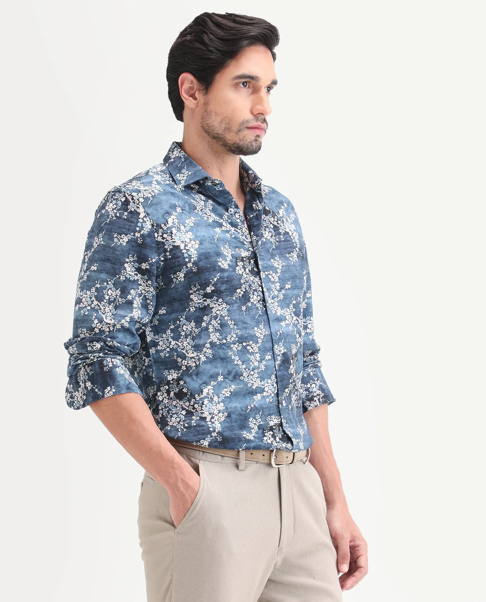 Rare Rabbit Men's Greyt Blue Viscose Fabric Full Sleeve Regular Fit Floral Print Shirt - Image 6