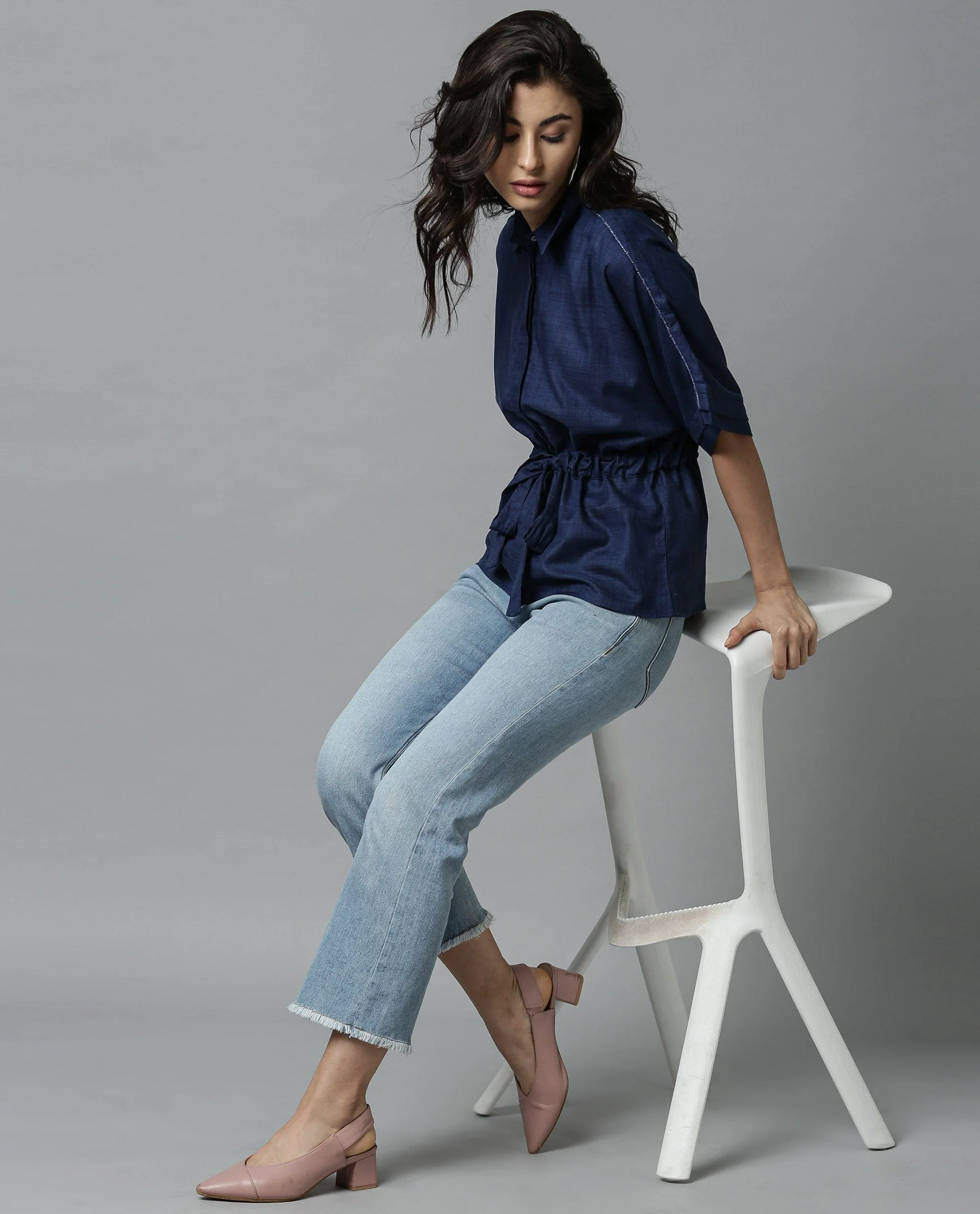 Rareism Women Grid Blue Top Short Sleeves Solid - Image 2