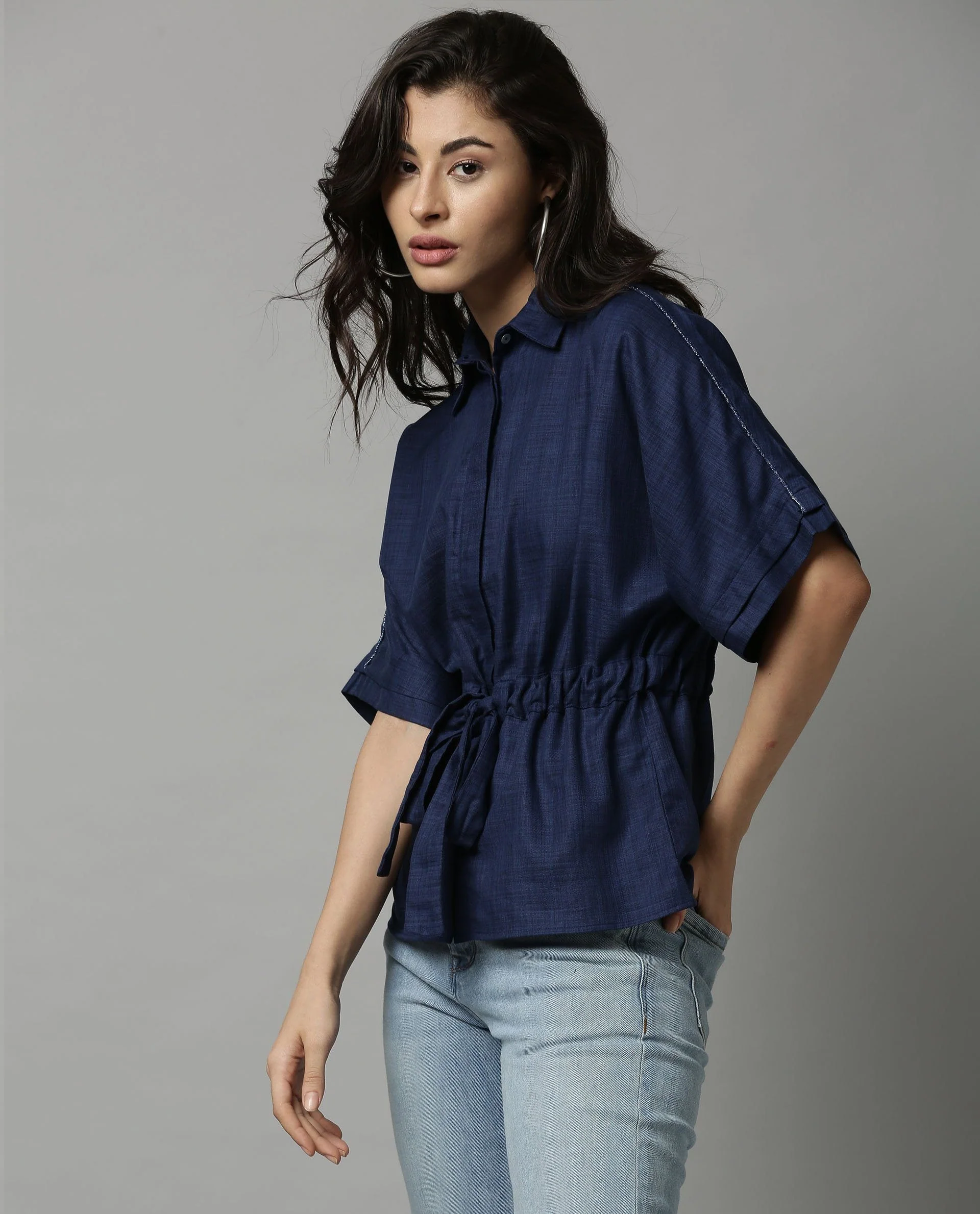 Rareism Women Grid Blue Top Short Sleeves Solid - Image 3