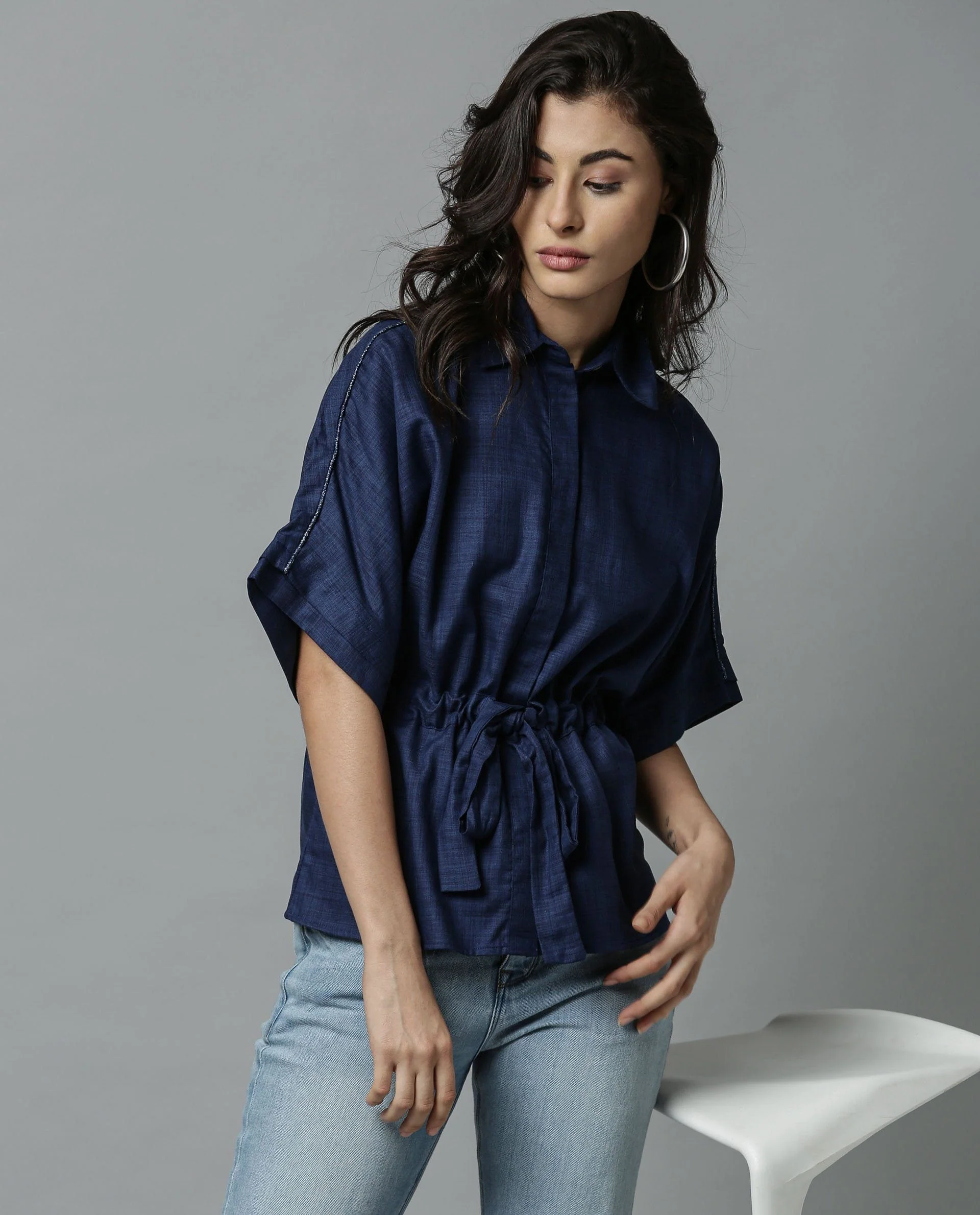 Rareism Women Grid Blue Top Short Sleeves Solid - Image 4