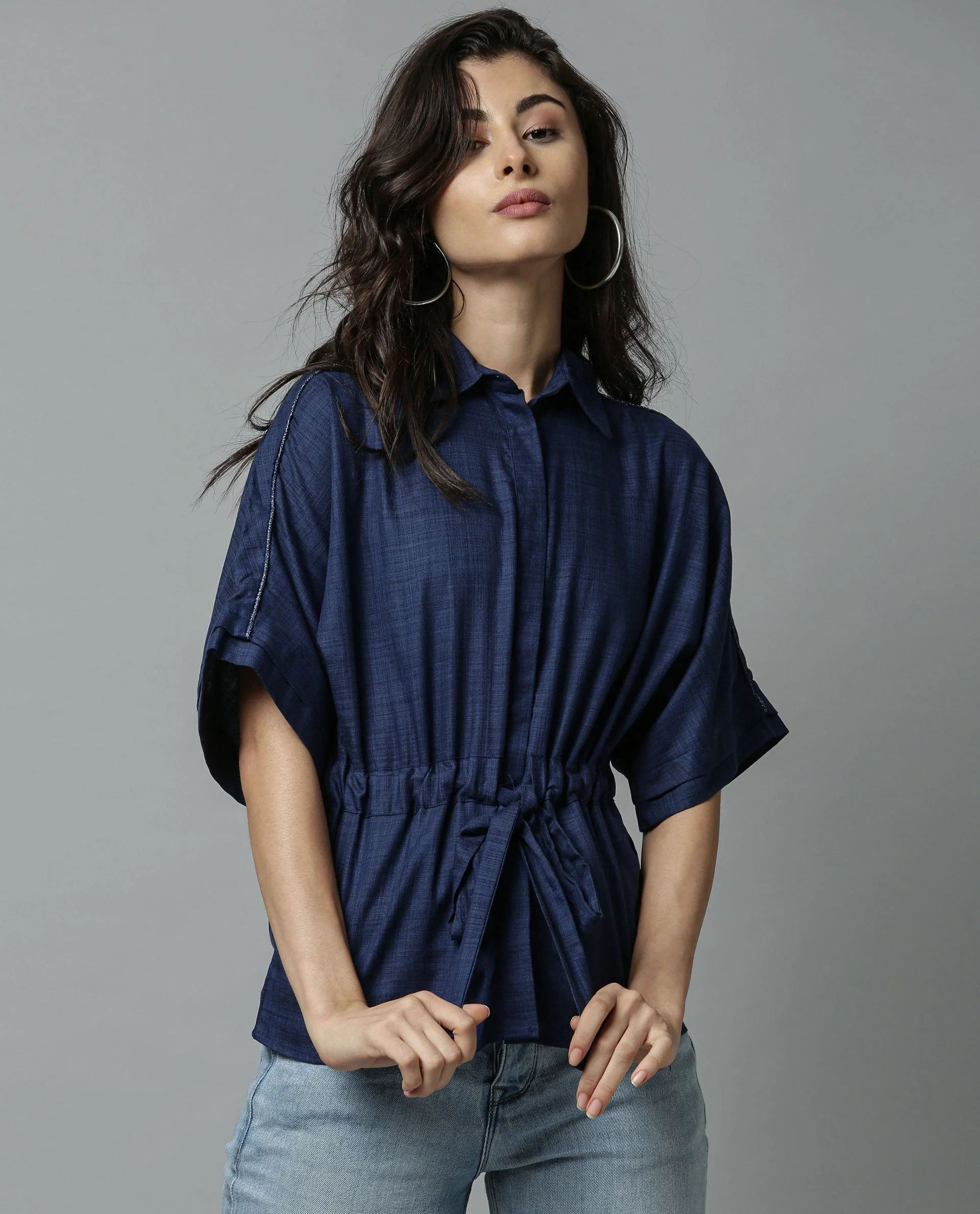 Rareism Women Grid Blue Top Short Sleeves Solid - Image 5