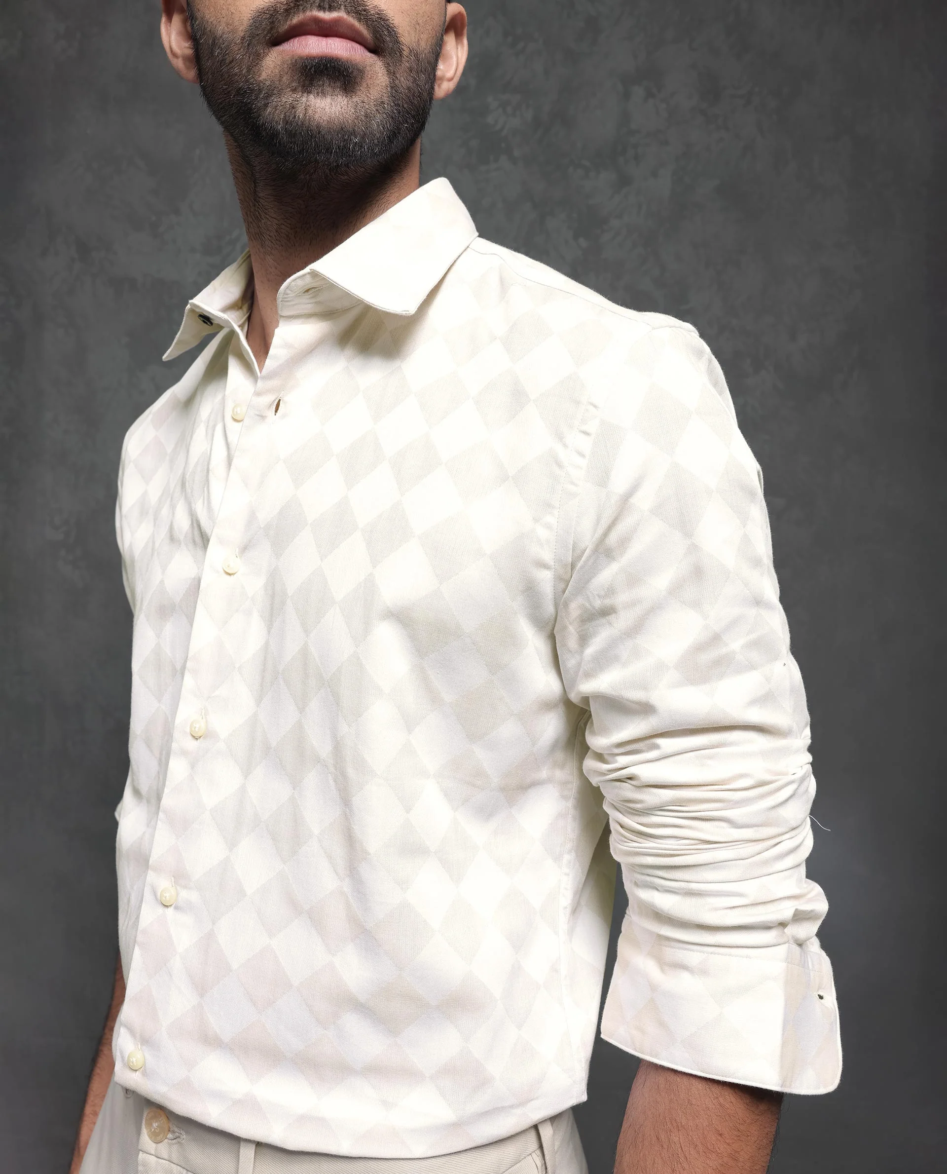 Rare Rabbit Men's Gridon Off White Cotton Jacquard Regular Fit Full Sleeve Collared Shirt - Image 5