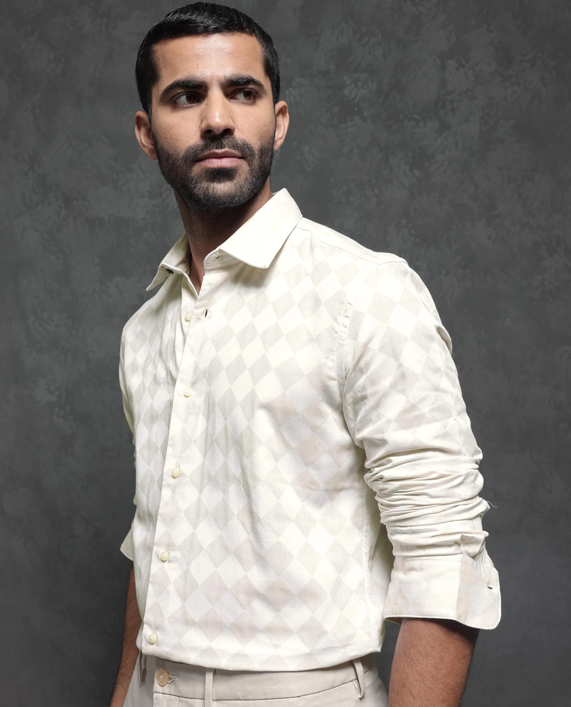 Rare Rabbit Men's Gridon Off White Cotton Jacquard Regular Fit Full Sleeve Collared Shirt - Image 6