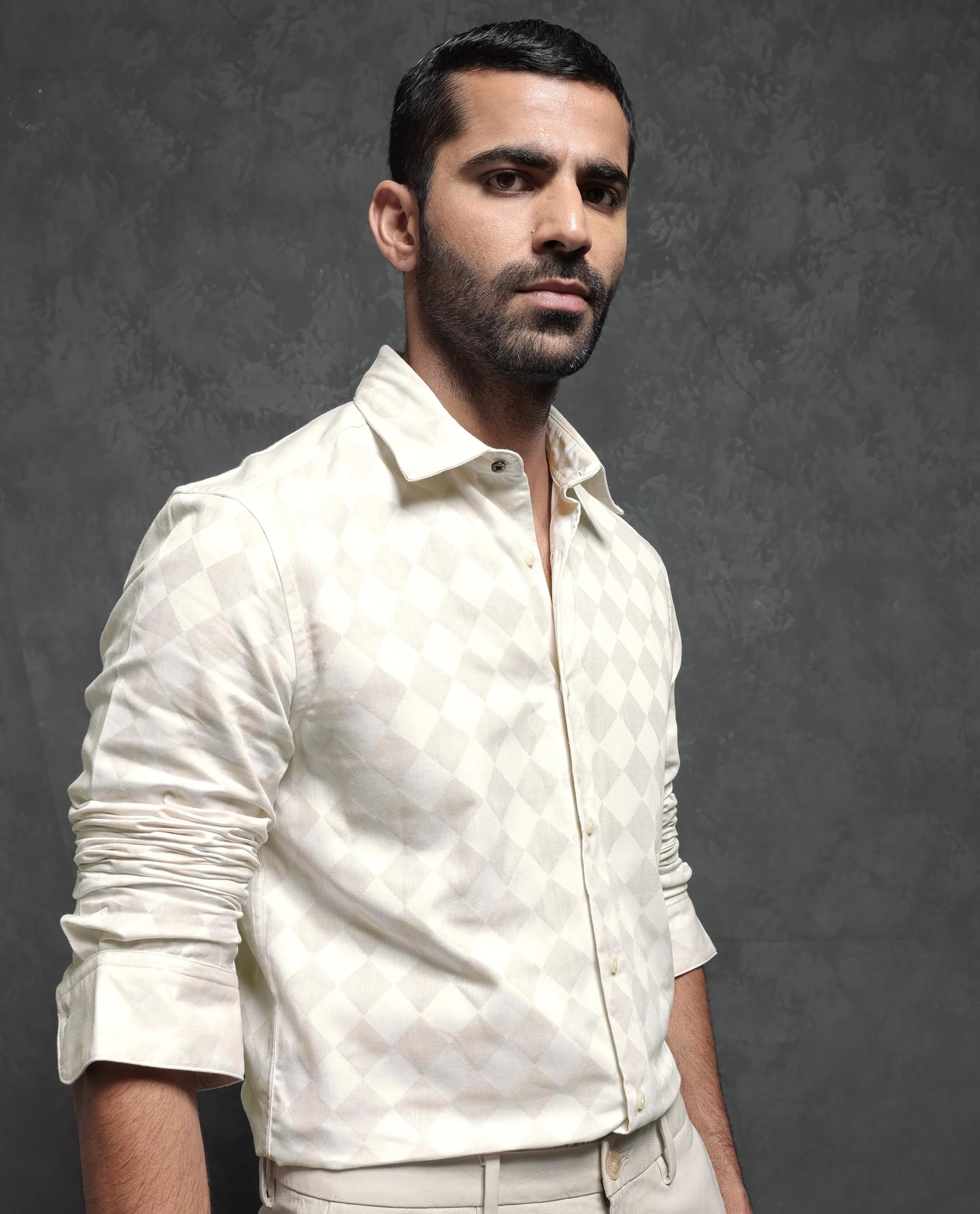 Rare Rabbit Men's Gridon Off White Cotton Jacquard Regular Fit Full Sleeve Collared Shirt - Image 8