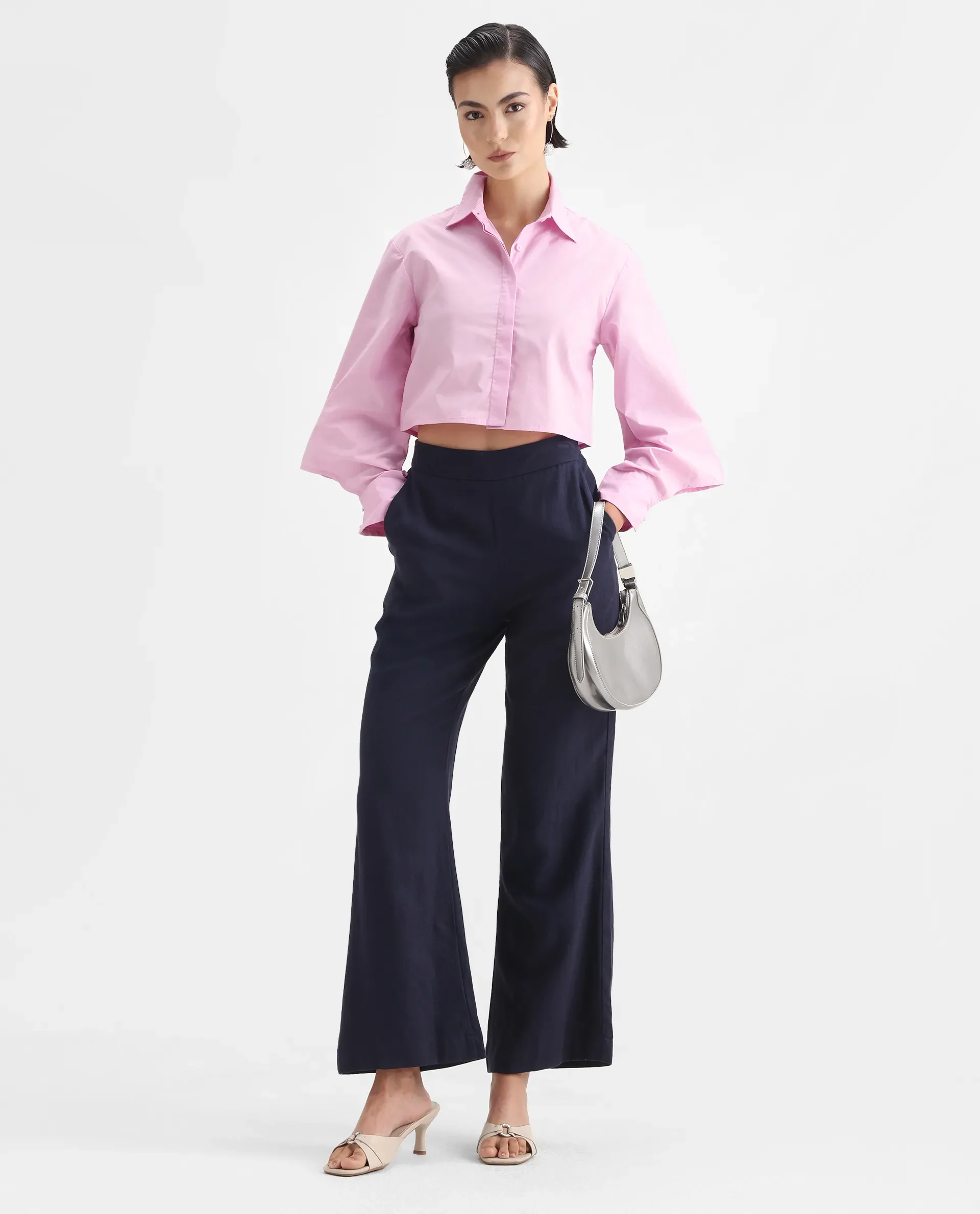Rareism Women's Grieropo Pink Cotton Spread Collar Plain Fashion Sleeve Crop Regular Fit Top - Image 2