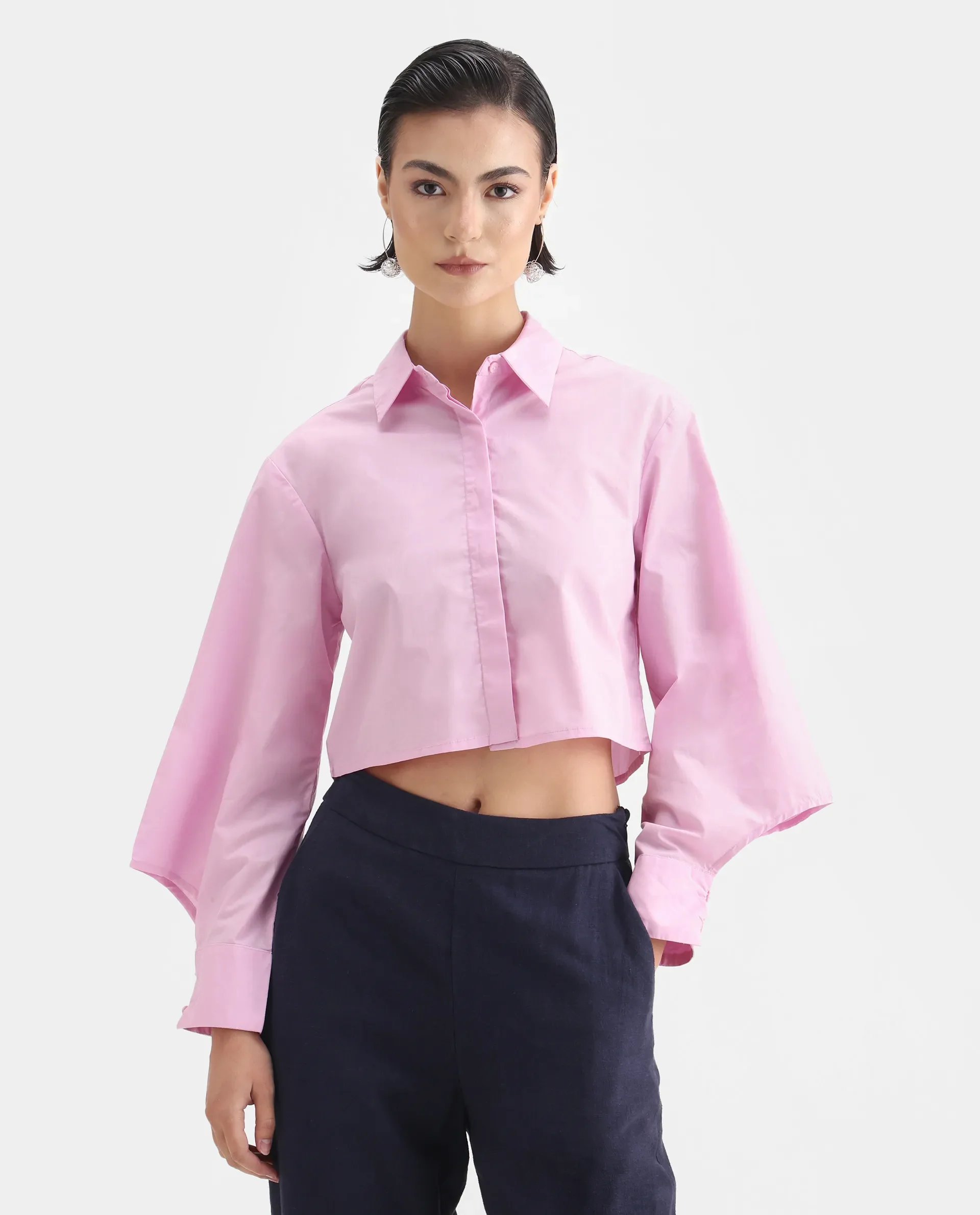 Rareism Women's Grieropo Pink Cotton Spread Collar Plain Fashion Sleeve Crop Regular Fit Top - Image 3