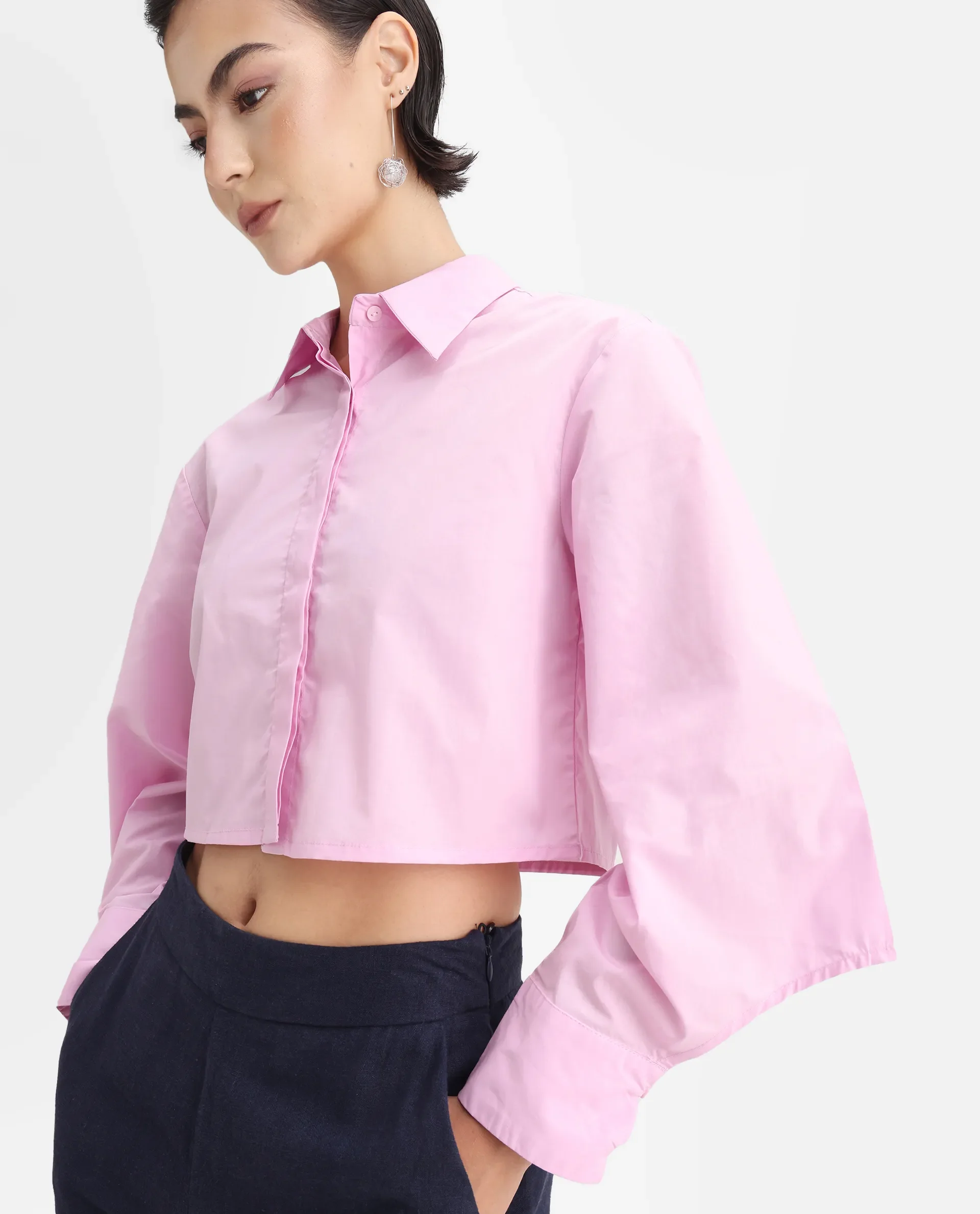Rareism Women's Grieropo Pink Cotton Spread Collar Plain Fashion Sleeve Crop Regular Fit Top - Image 4
