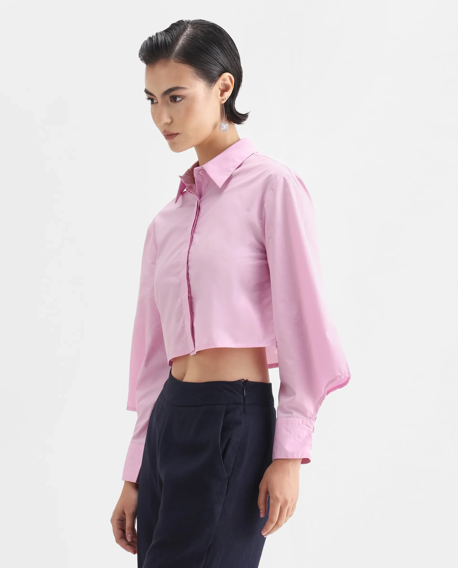 Rareism Women's Grieropo Pink Cotton Spread Collar Plain Fashion Sleeve Crop Regular Fit Top - Image 5