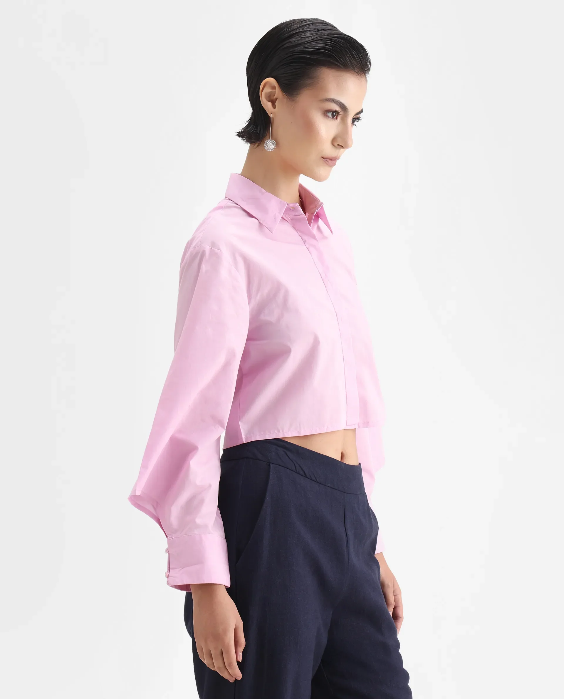 Rareism Women's Grieropo Pink Cotton Spread Collar Plain Fashion Sleeve Crop Regular Fit Top - Image 6