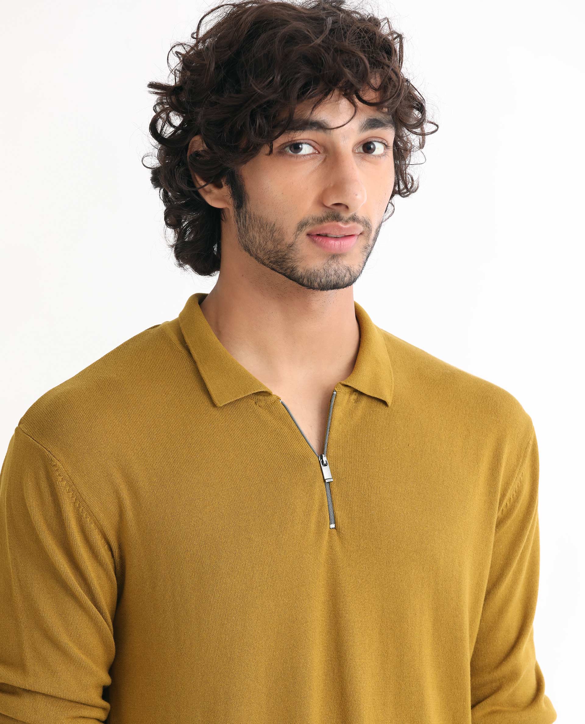 Rare Rabbit Men's Griffin Mustard Viscose Plain Regular Fit Full Sleeve Spread Collar Sweater - Image 2