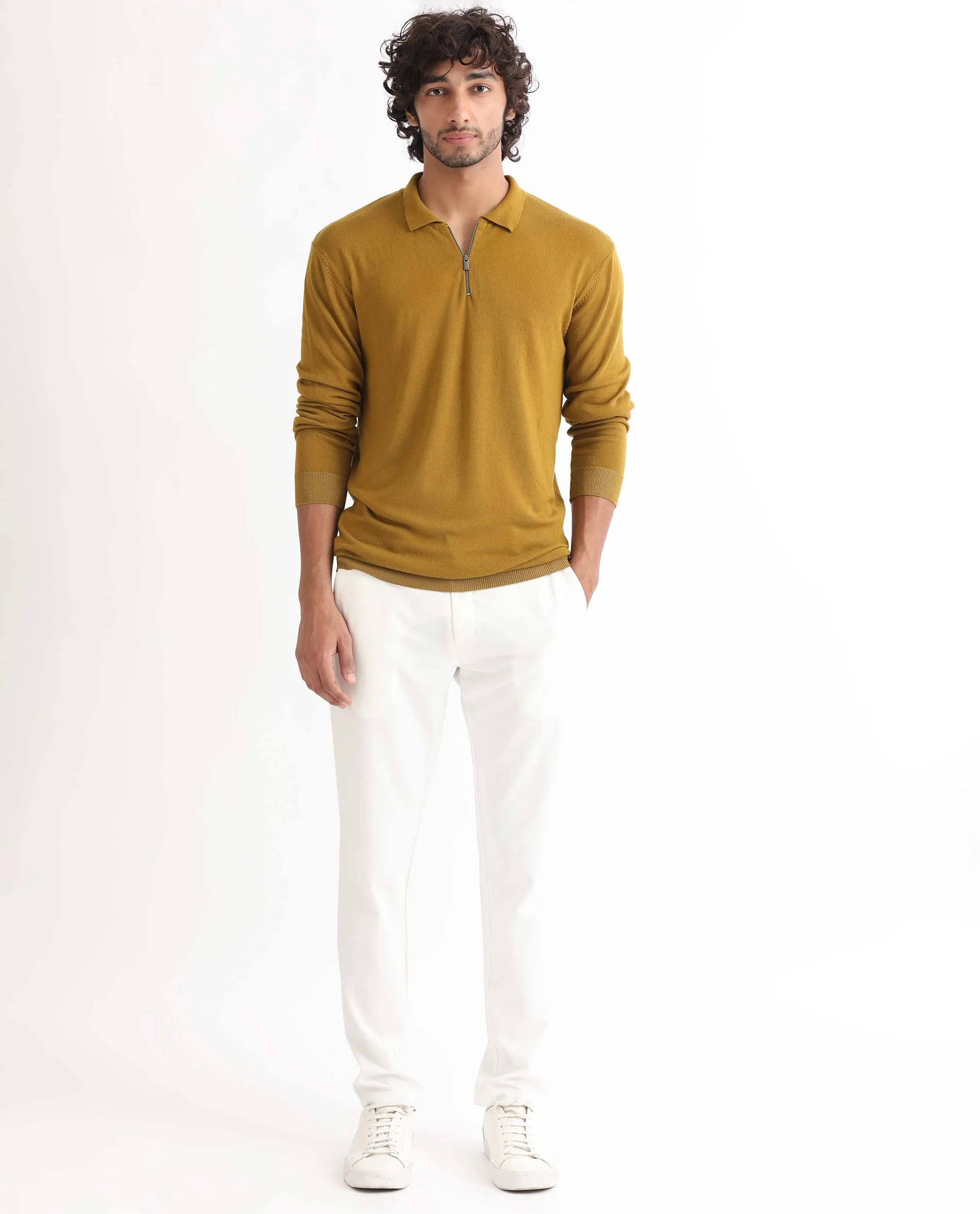 Rare Rabbit Men's Griffin Mustard Viscose Plain Regular Fit Full Sleeve Spread Collar Sweater - Image 3