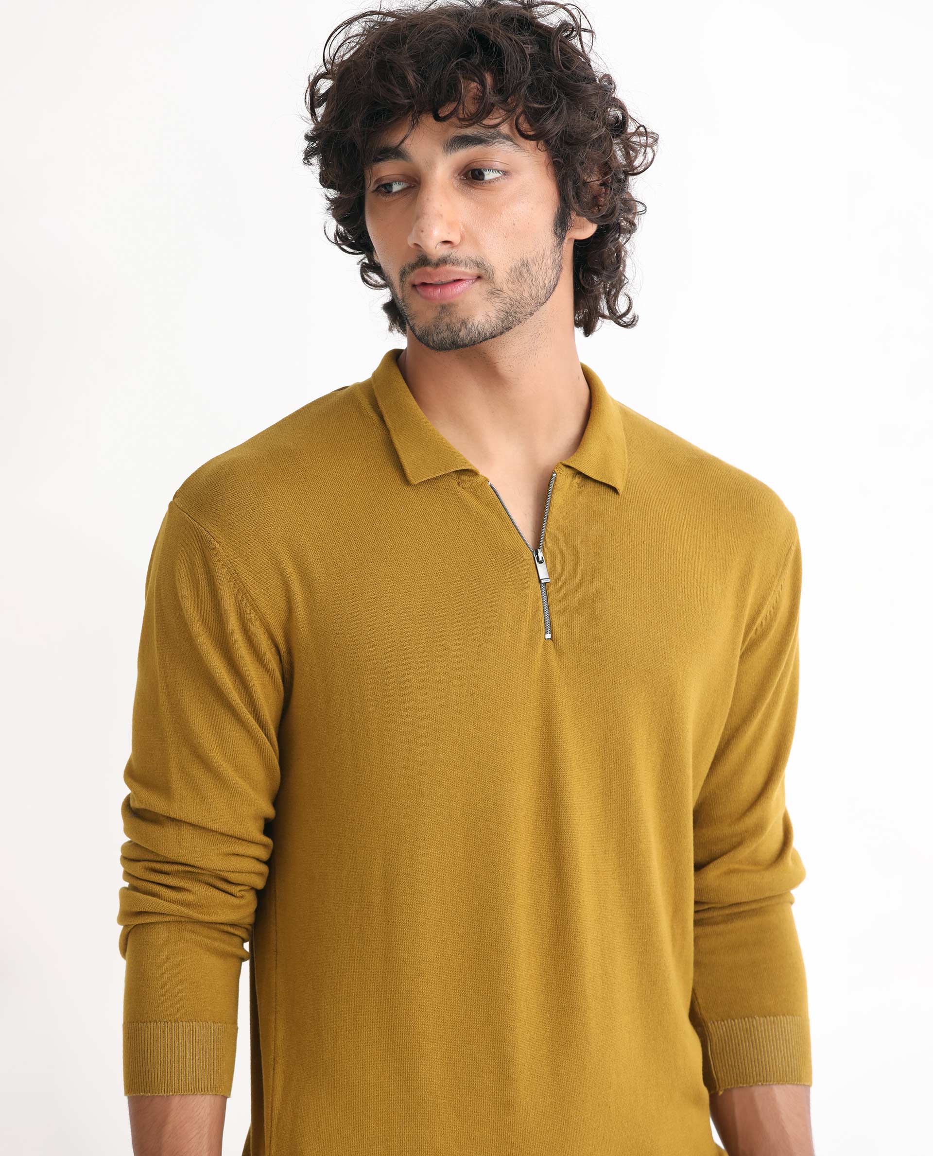 Rare Rabbit Men's Griffin Mustard Viscose Plain Regular Fit Full Sleeve Spread Collar Sweater - Image 4