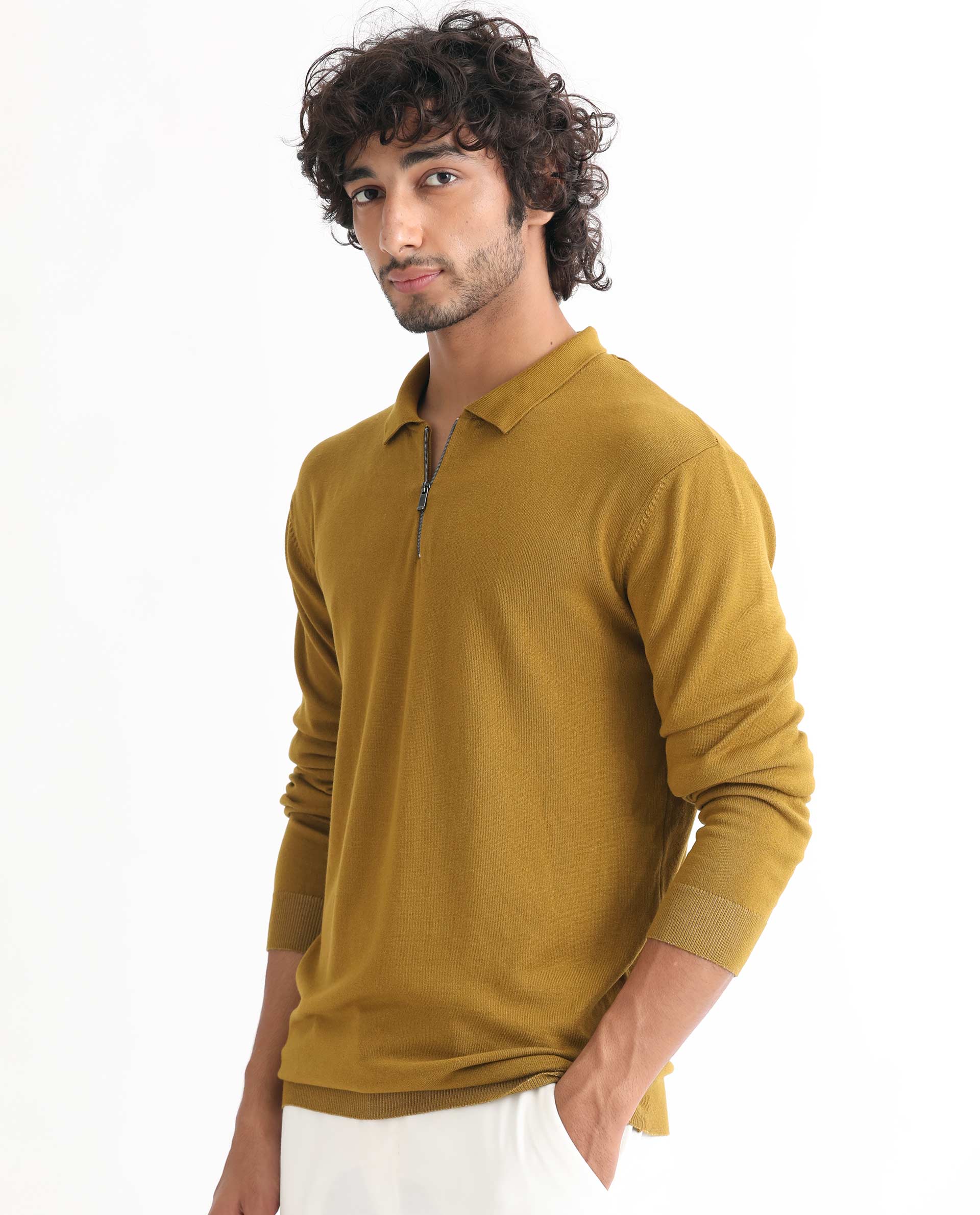 Rare Rabbit Men's Griffin Mustard Viscose Plain Regular Fit Full Sleeve Spread Collar Sweater - Image 5