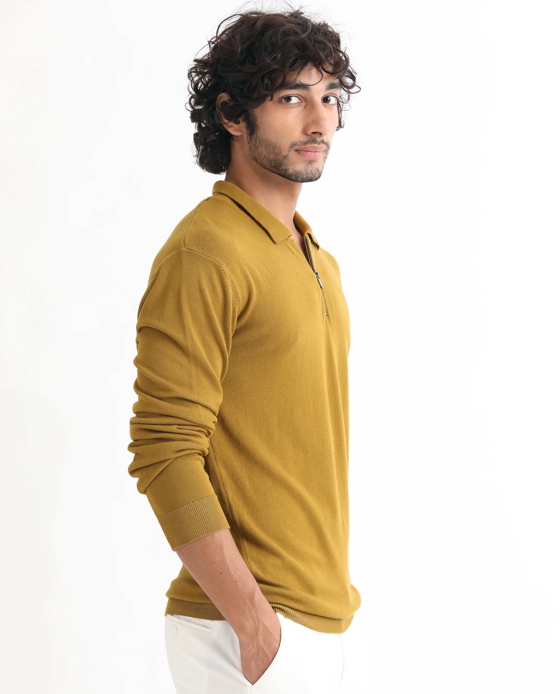 Rare Rabbit Men's Griffin Mustard Viscose Plain Regular Fit Full Sleeve Spread Collar Sweater - Image 6