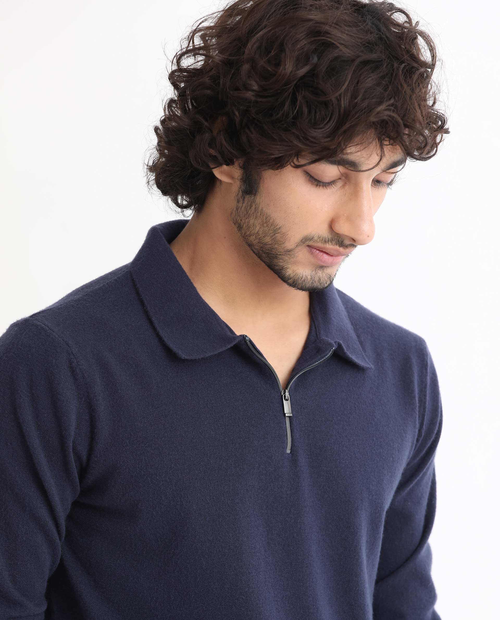 Rare Rabbit Men's Griffin Navy Viscose Plain Regular Fit Full Sleeve Spread Collar Sweater - Image 2