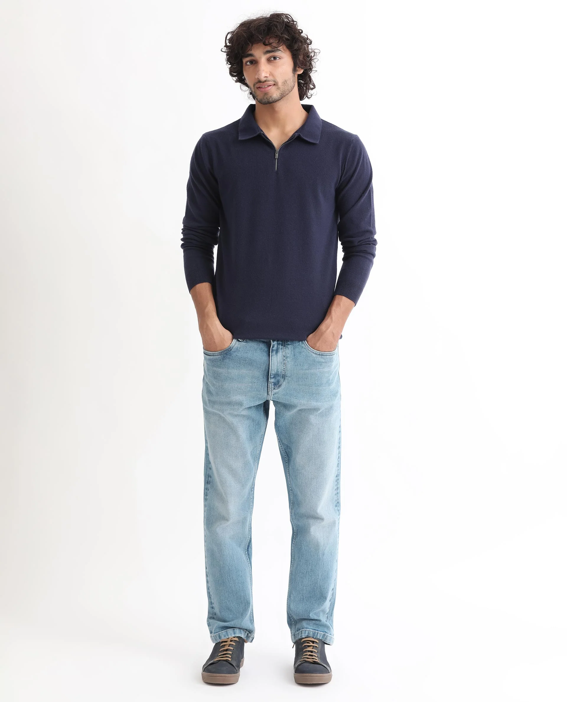 Rare Rabbit Men's Griffin Navy Viscose Plain Regular Fit Full Sleeve Spread Collar Sweater - Image 3