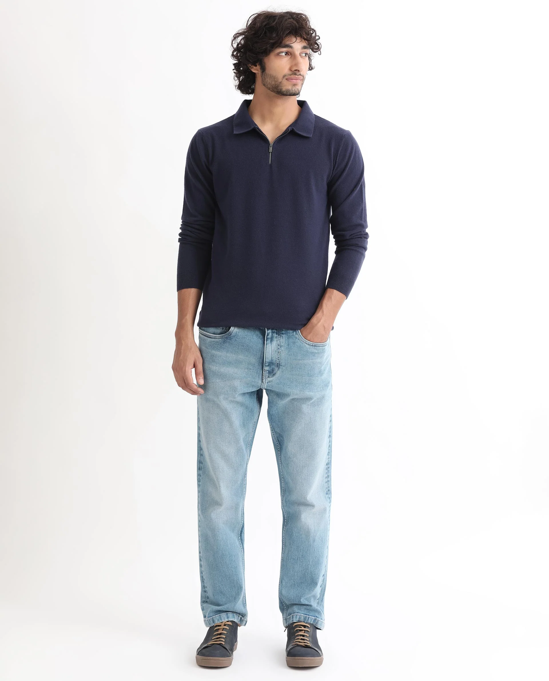 Rare Rabbit Men's Griffin Navy Viscose Plain Regular Fit Full Sleeve Spread Collar Sweater - Image 4