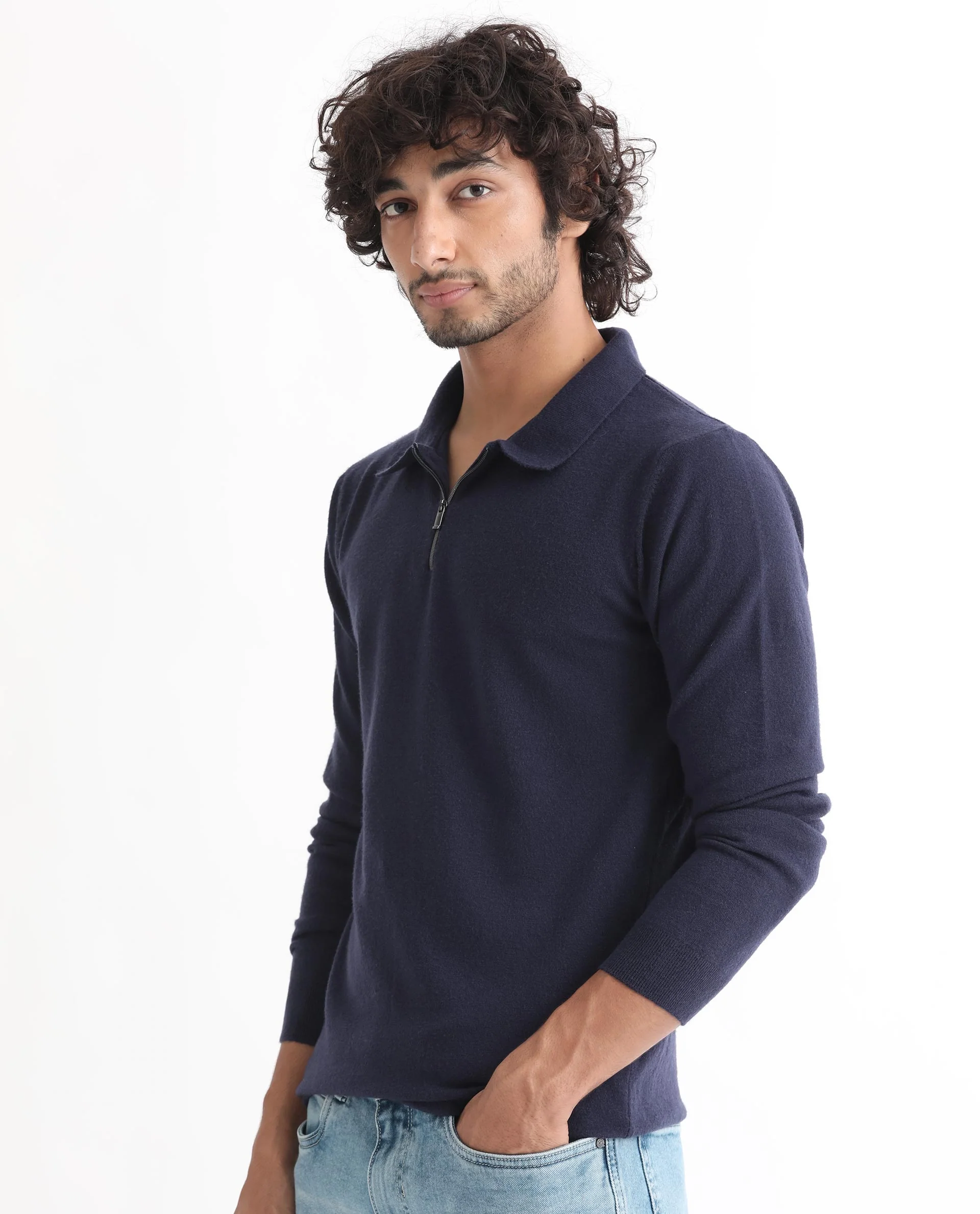 Rare Rabbit Men's Griffin Navy Viscose Plain Regular Fit Full Sleeve Spread Collar Sweater - Image 5