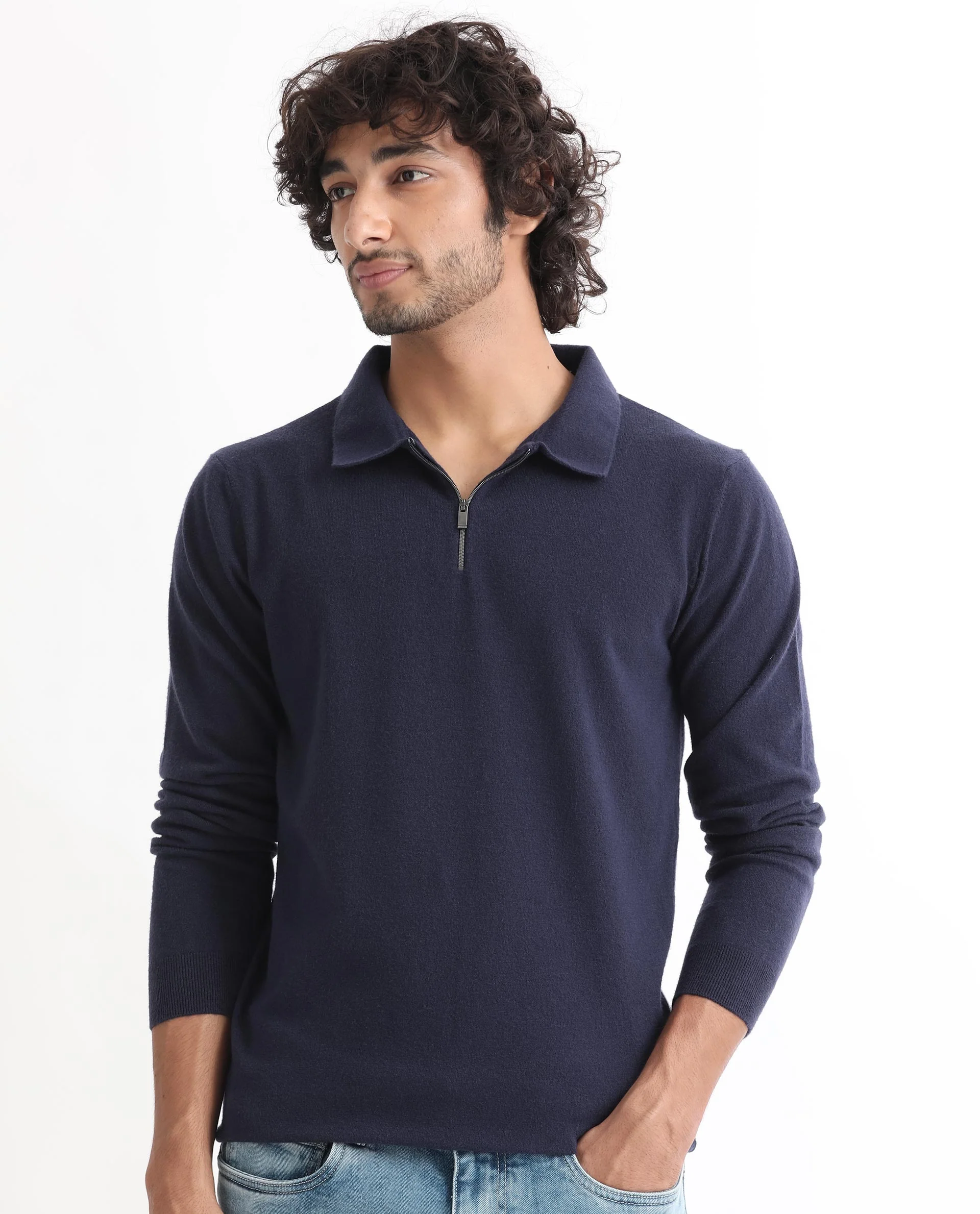 Rare Rabbit Men's Griffin Navy Viscose Plain Regular Fit Full Sleeve Spread Collar Sweater - Image 7