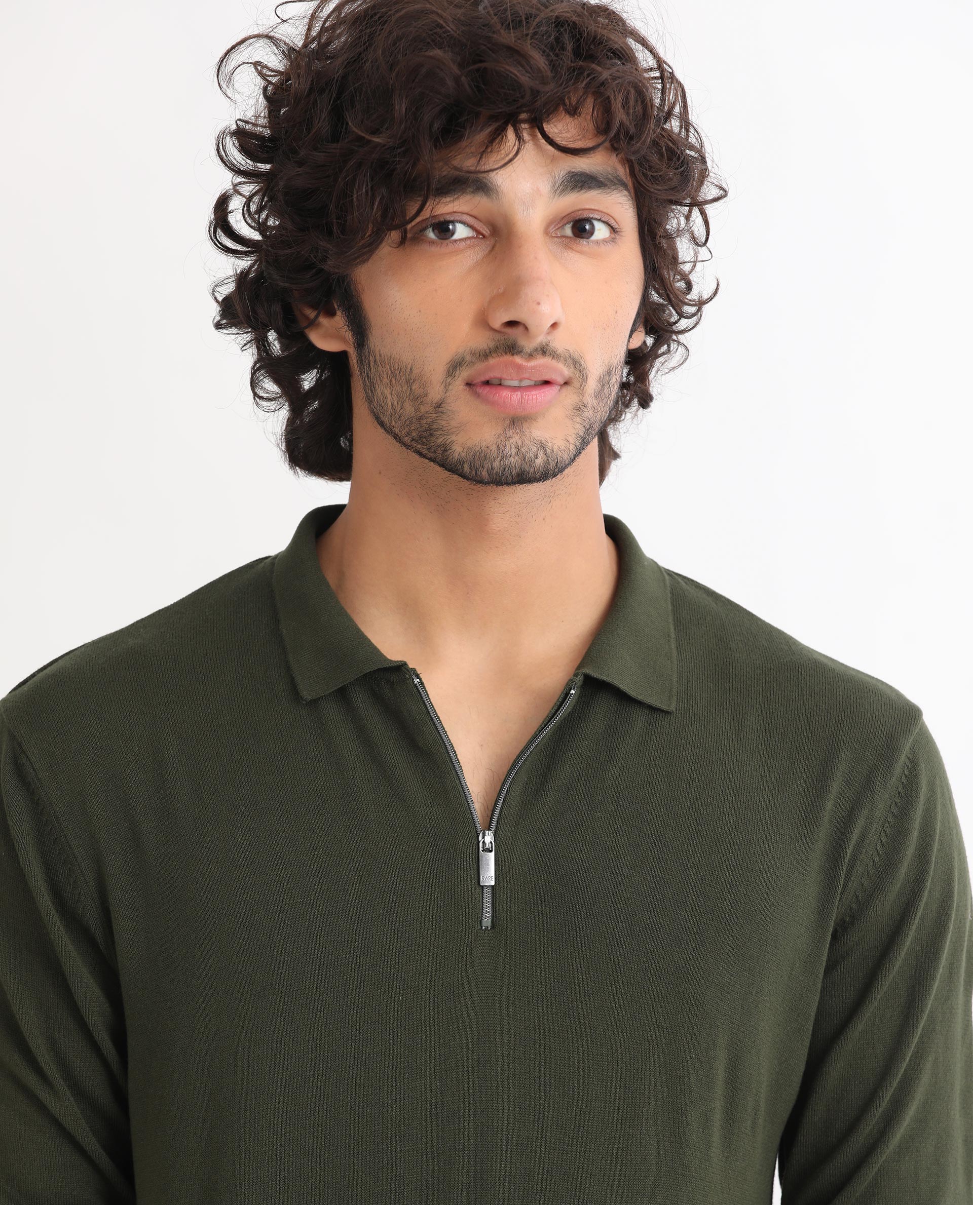Rare Rabbit Men's Griffin Olive Viscose Plain Regular Fit Full Sleeve Spread Collar Sweater - Image 2