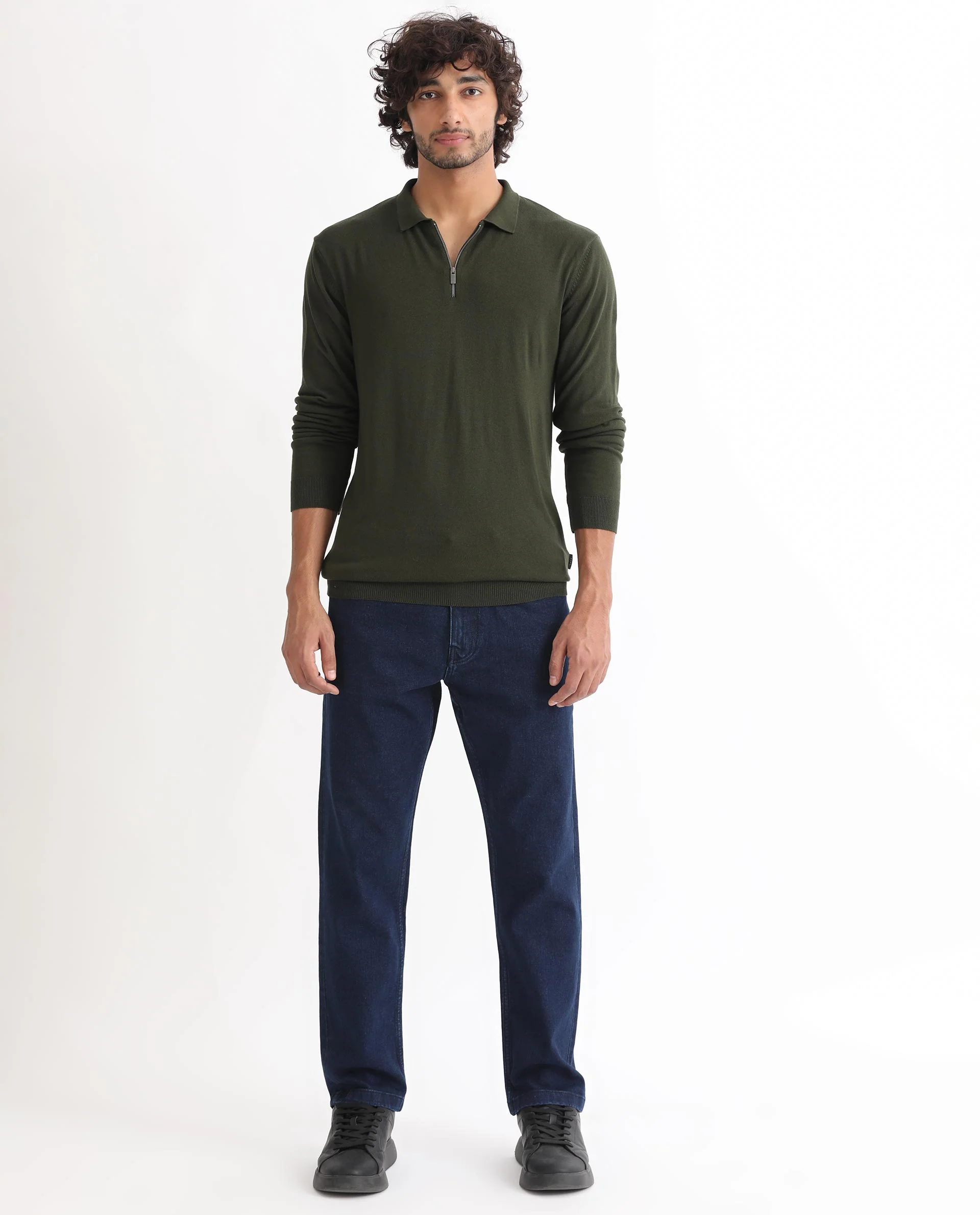Rare Rabbit Men's Griffin Olive Viscose Plain Regular Fit Full Sleeve Spread Collar Sweater - Image 3