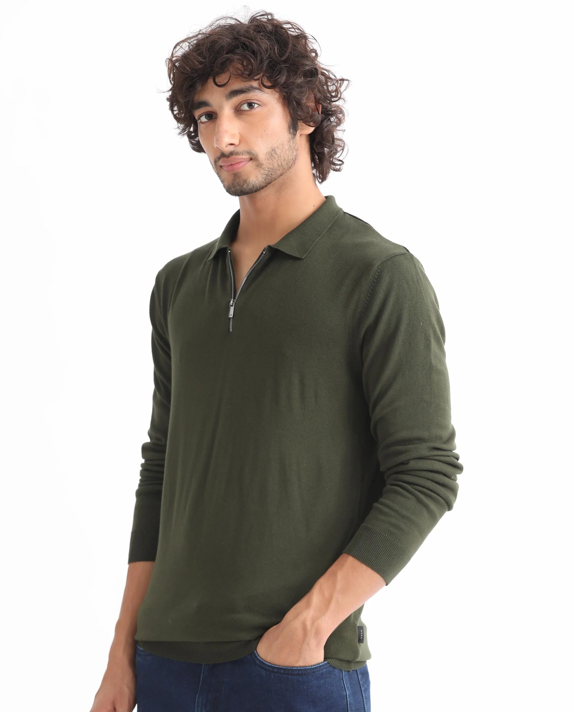 Rare Rabbit Men's Griffin Olive Viscose Plain Regular Fit Full Sleeve Spread Collar Sweater - Image 4
