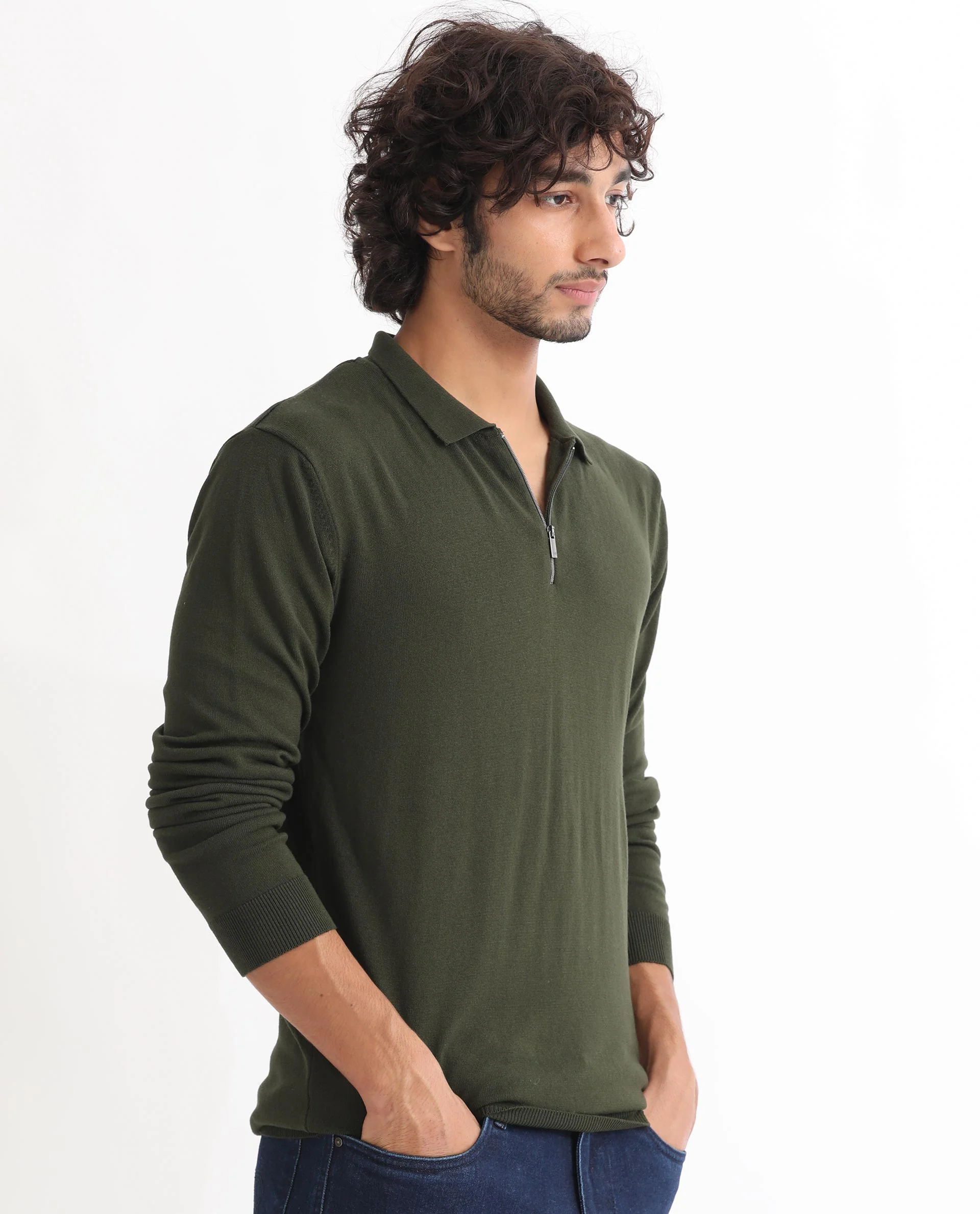 Rare Rabbit Men's Griffin Olive Viscose Plain Regular Fit Full Sleeve Spread Collar Sweater - Image 5