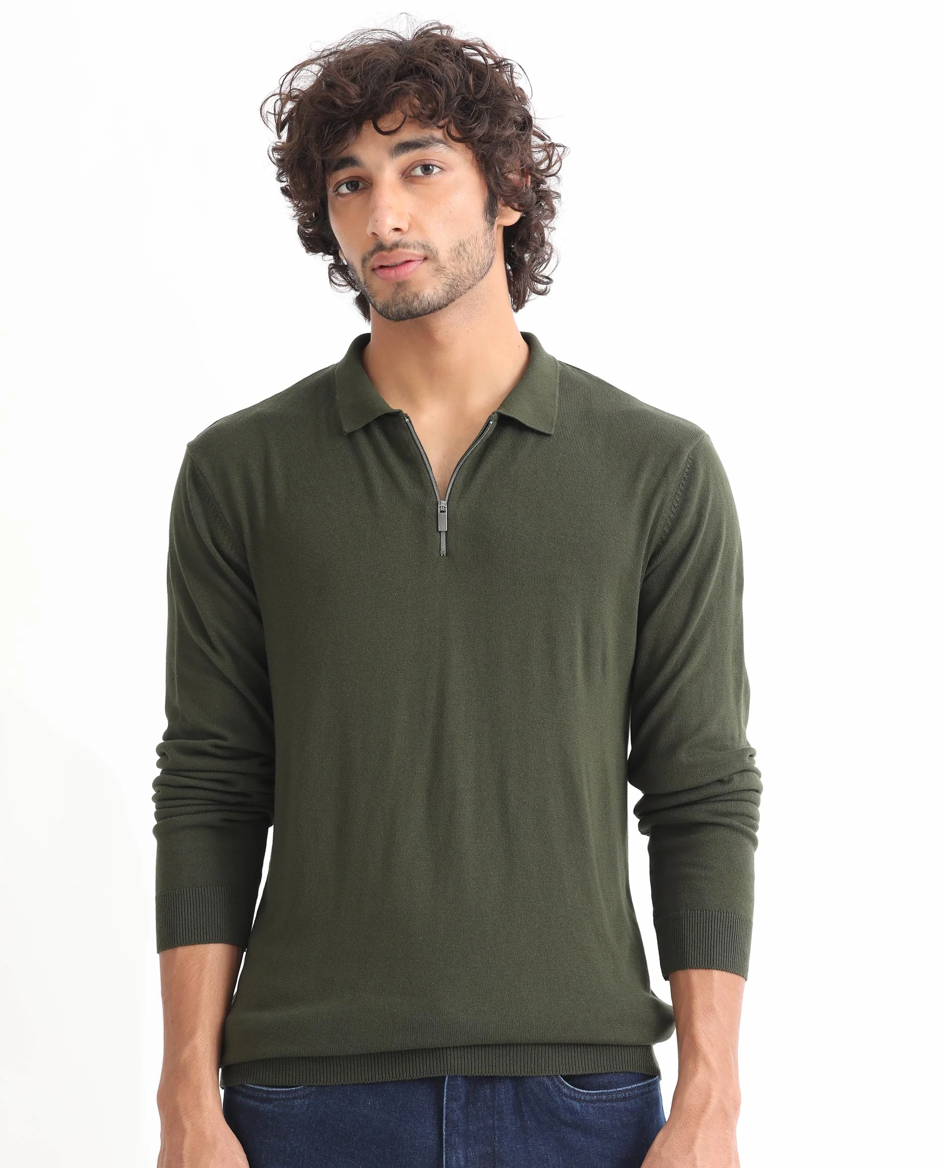 Rare Rabbit Men's Griffin Olive Viscose Plain Regular Fit Full Sleeve Spread Collar Sweater - Image 6