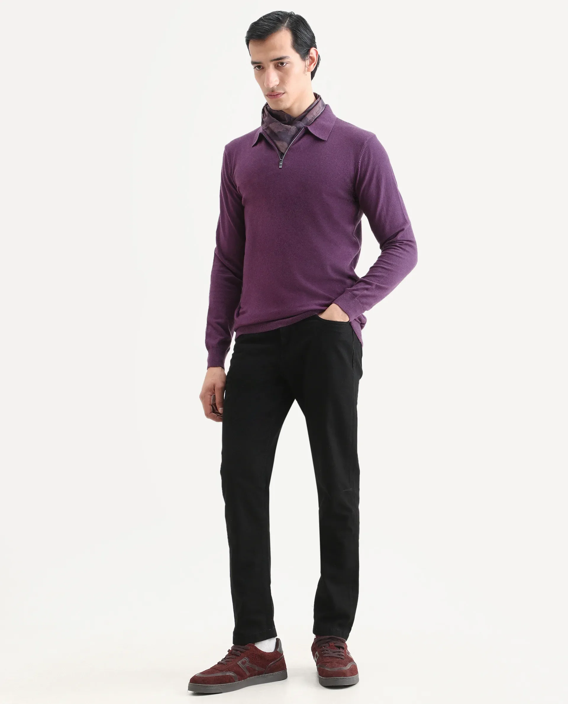 Rare Rabbit Men's Griffin Purple Viscose Plain Regular Fit Full Sleeve Spread Collar Sweater - Image 2