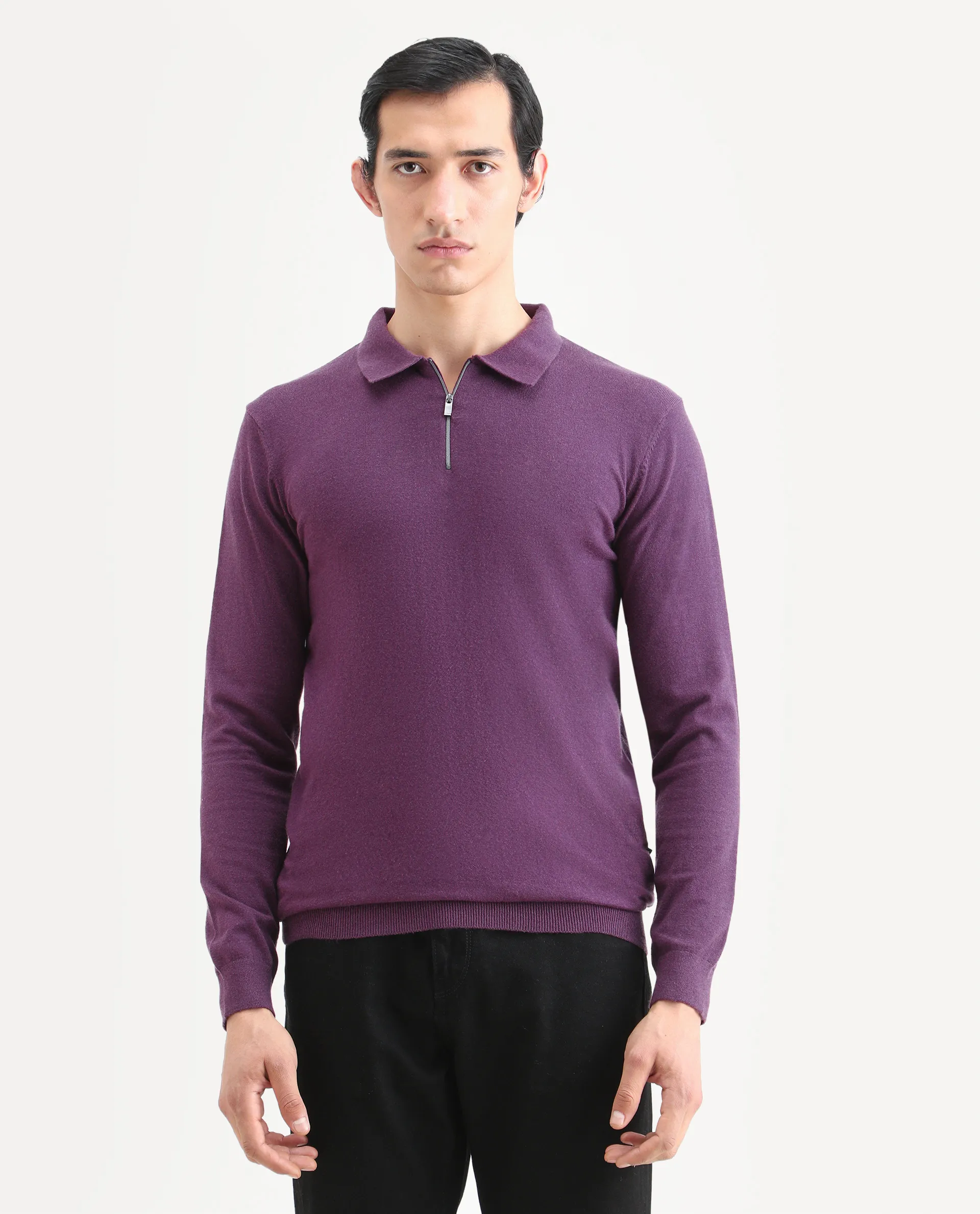 Rare Rabbit Men's Griffin Purple Viscose Plain Regular Fit Full Sleeve Spread Collar Sweater - Image 3