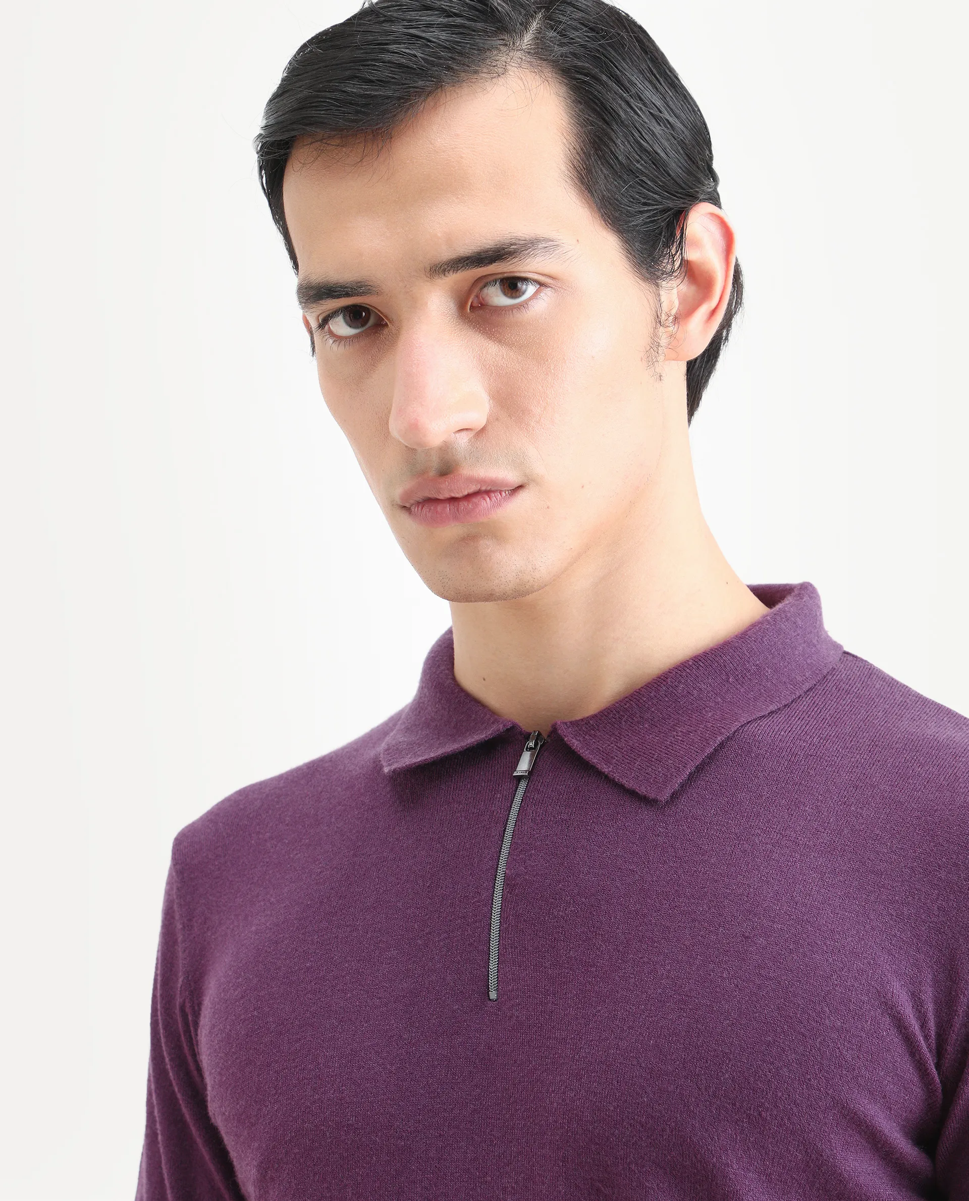 Rare Rabbit Men's Griffin Purple Viscose Plain Regular Fit Full Sleeve Spread Collar Sweater - Image 4
