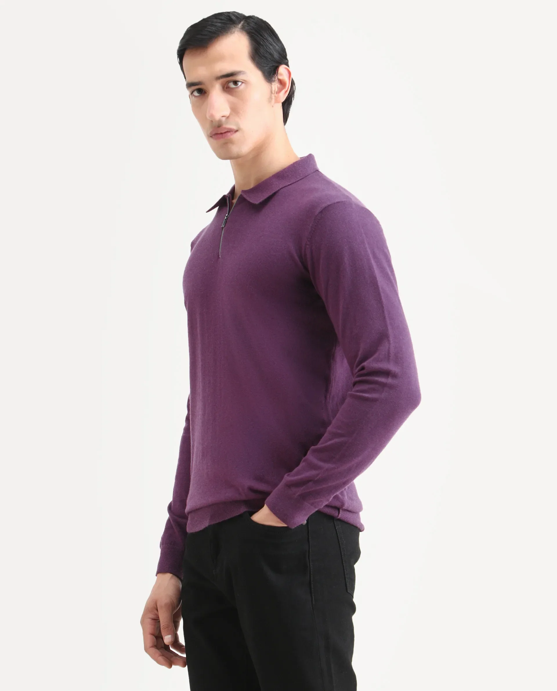 Rare Rabbit Men's Griffin Purple Viscose Plain Regular Fit Full Sleeve Spread Collar Sweater - Image 5