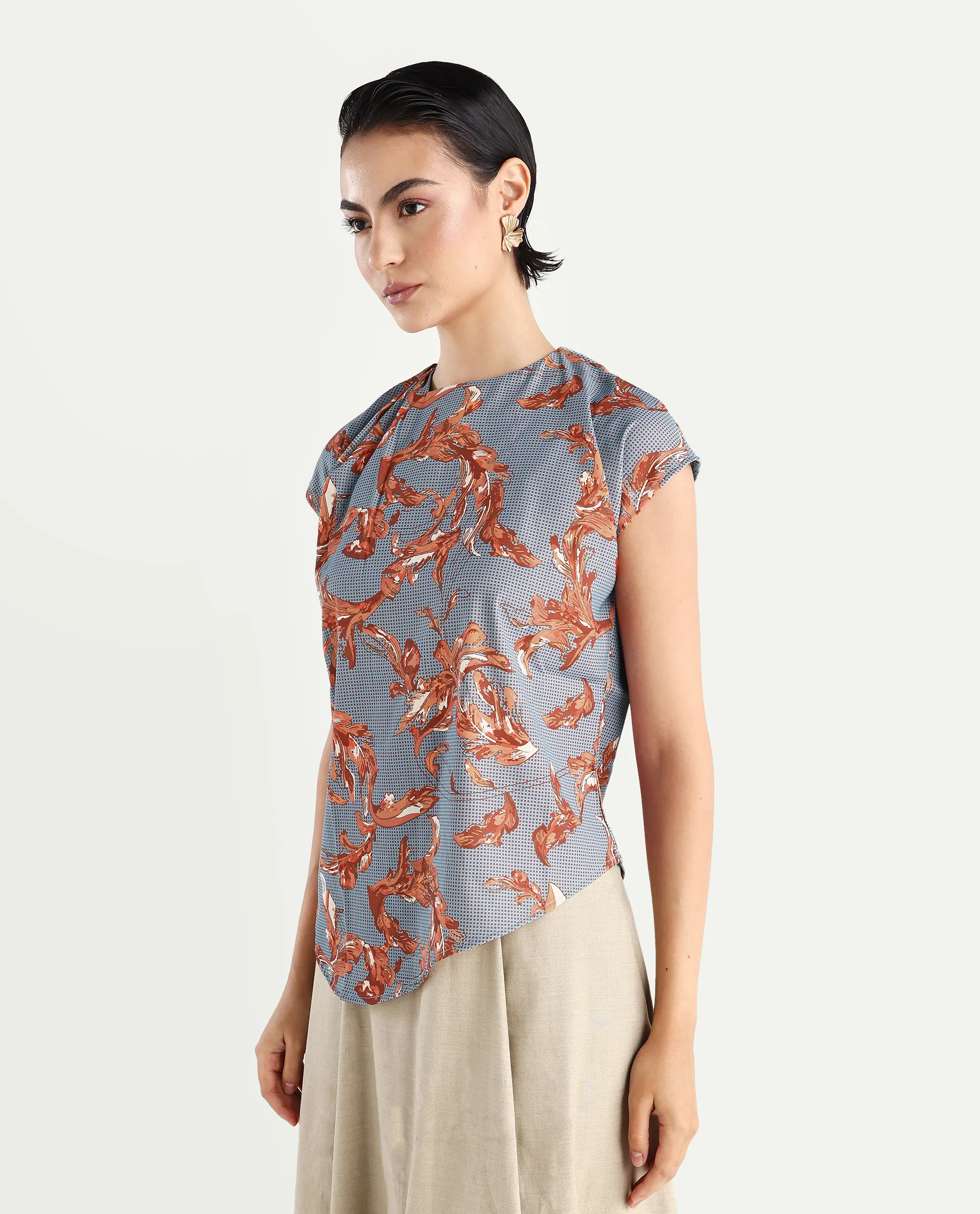 Rareism Women's Grillo Grey Polyester Asymmetric Neck Abstract Print Sleeveless Regular Fit Top - Image 5