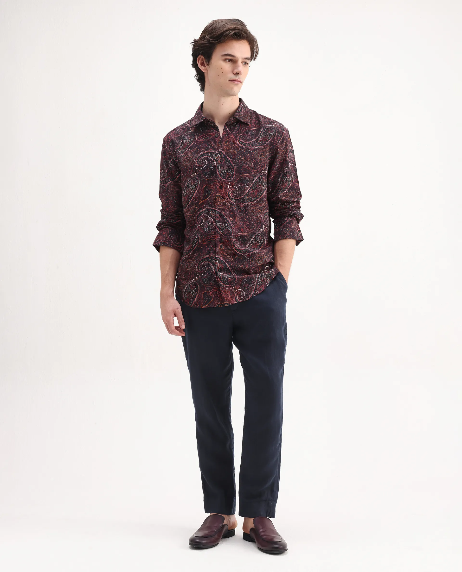 Rare Rabbit Men's Grilo Dusky Rust Viscose Paisley Print Regular Fit Full Sleeve Collared Shirt - Image 2